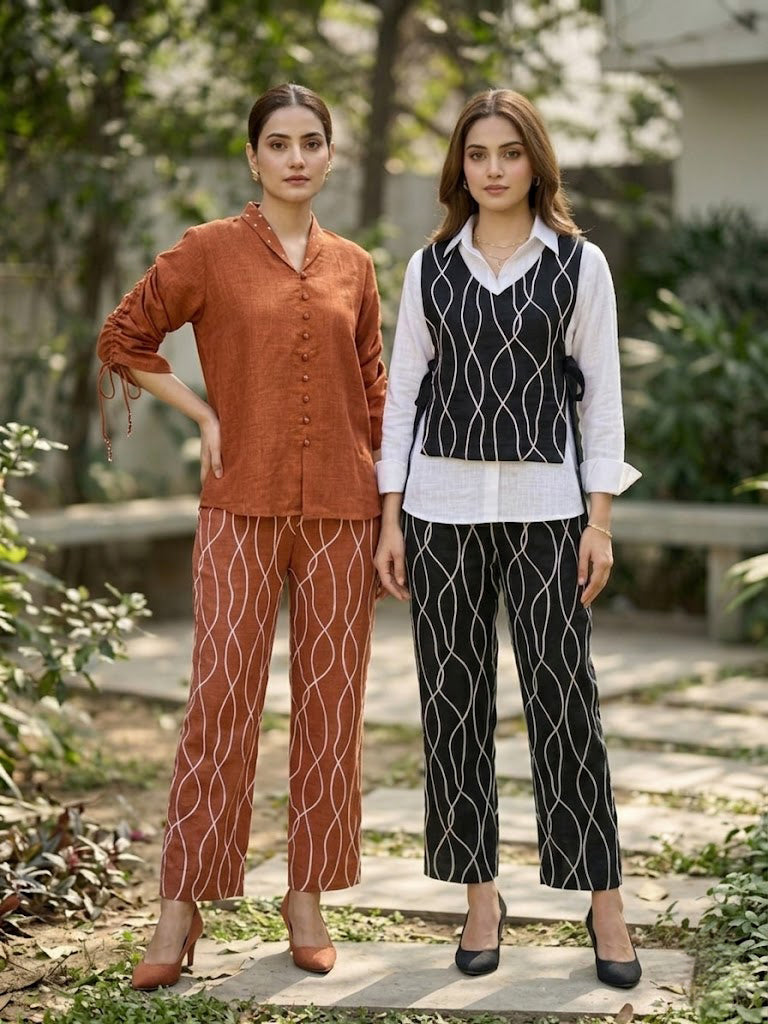 Black Linen Embroidred Co-ord Set with Vest