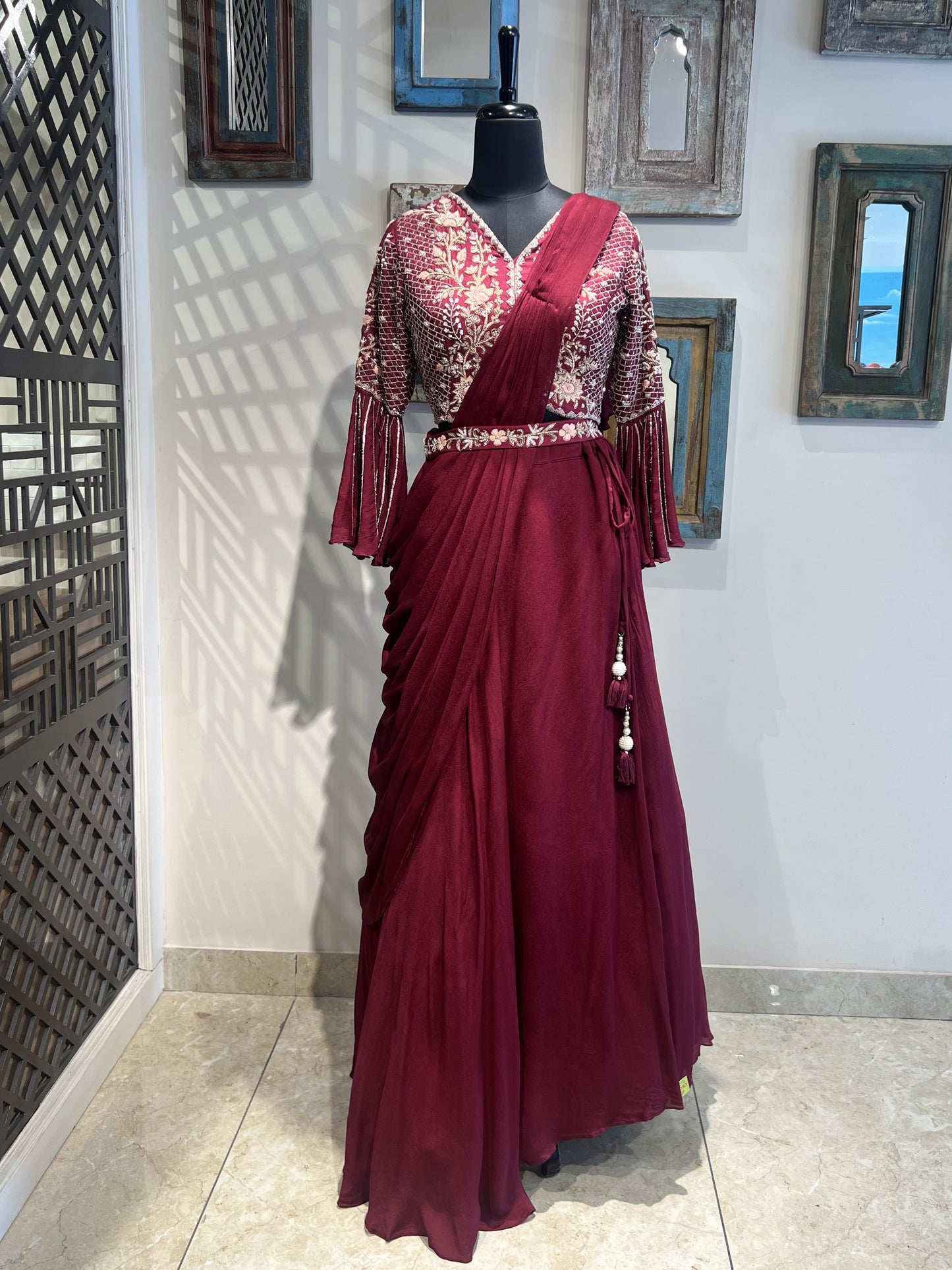 Maroon Lehanga with Drape