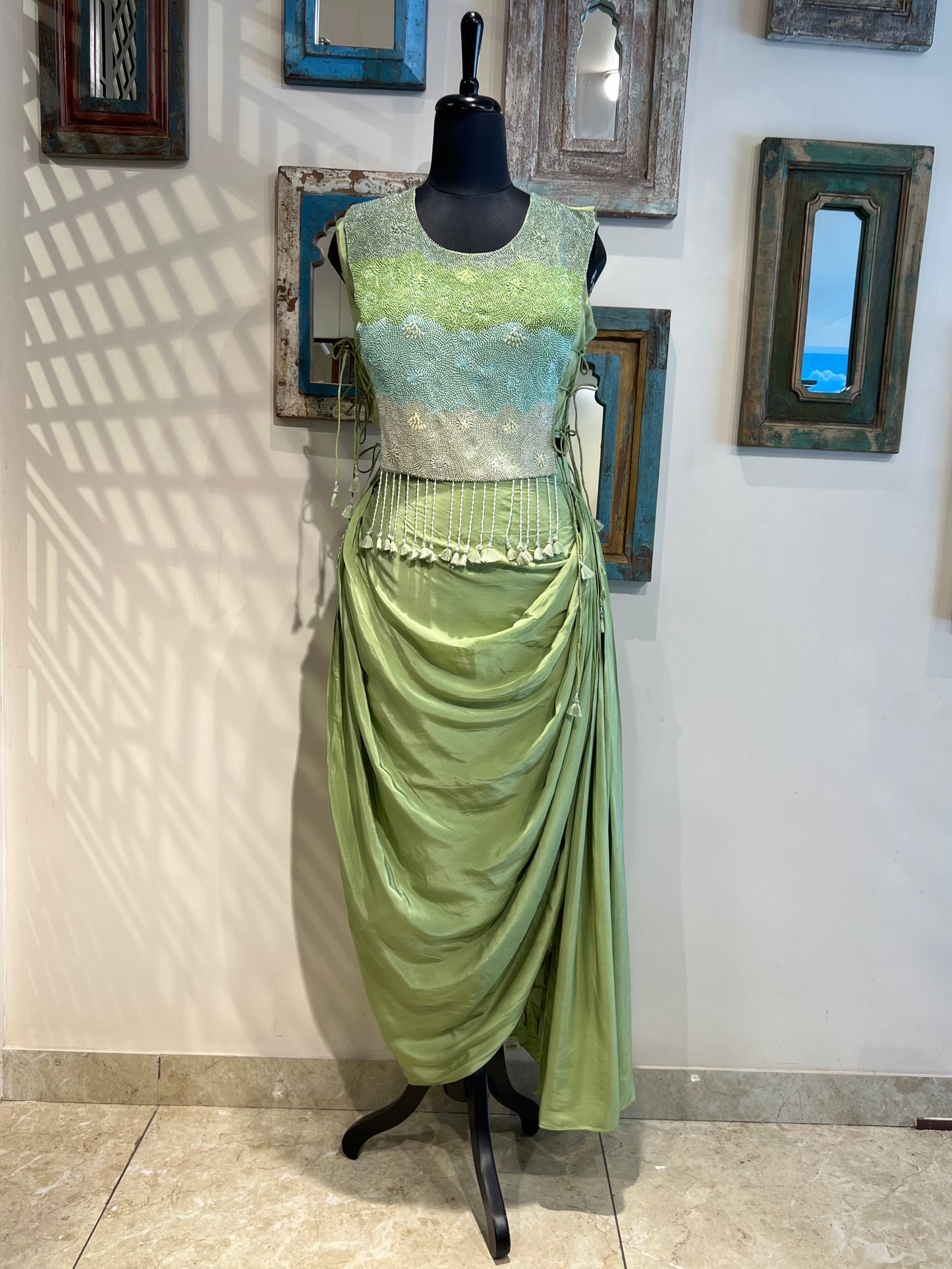 Green Indo Western with Pleated Skirt and Cape