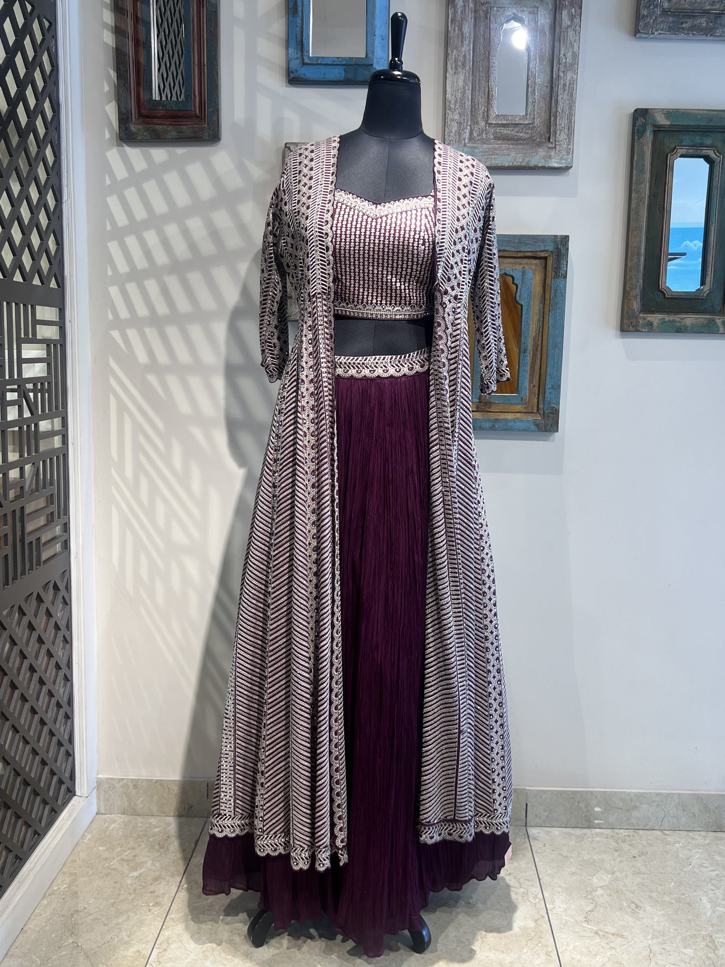 Wine Skirt and Embroidered Jacket Set