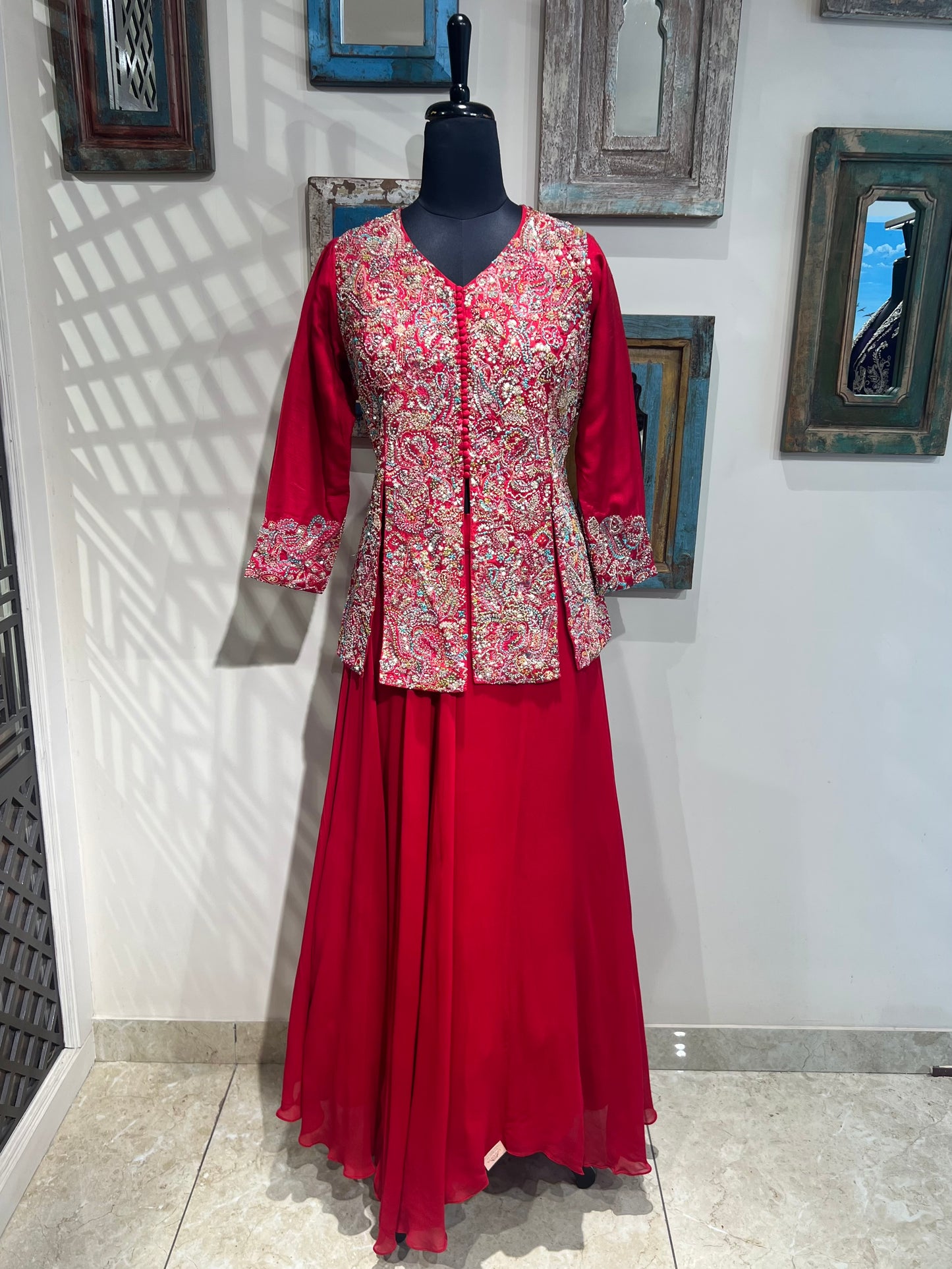 Red Lehanga with Hand Embroidered Jacket
