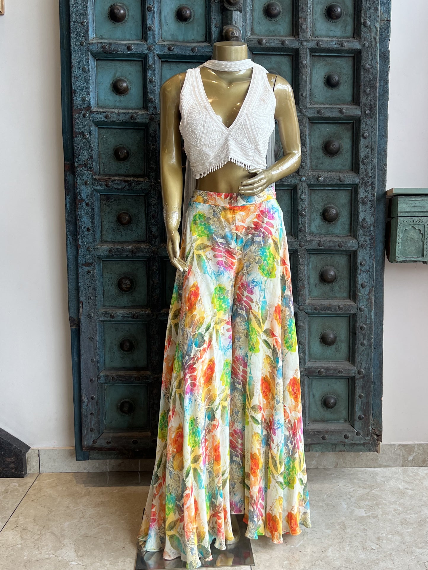Printed Palazzo with Hand Work Sleeveless Blouse