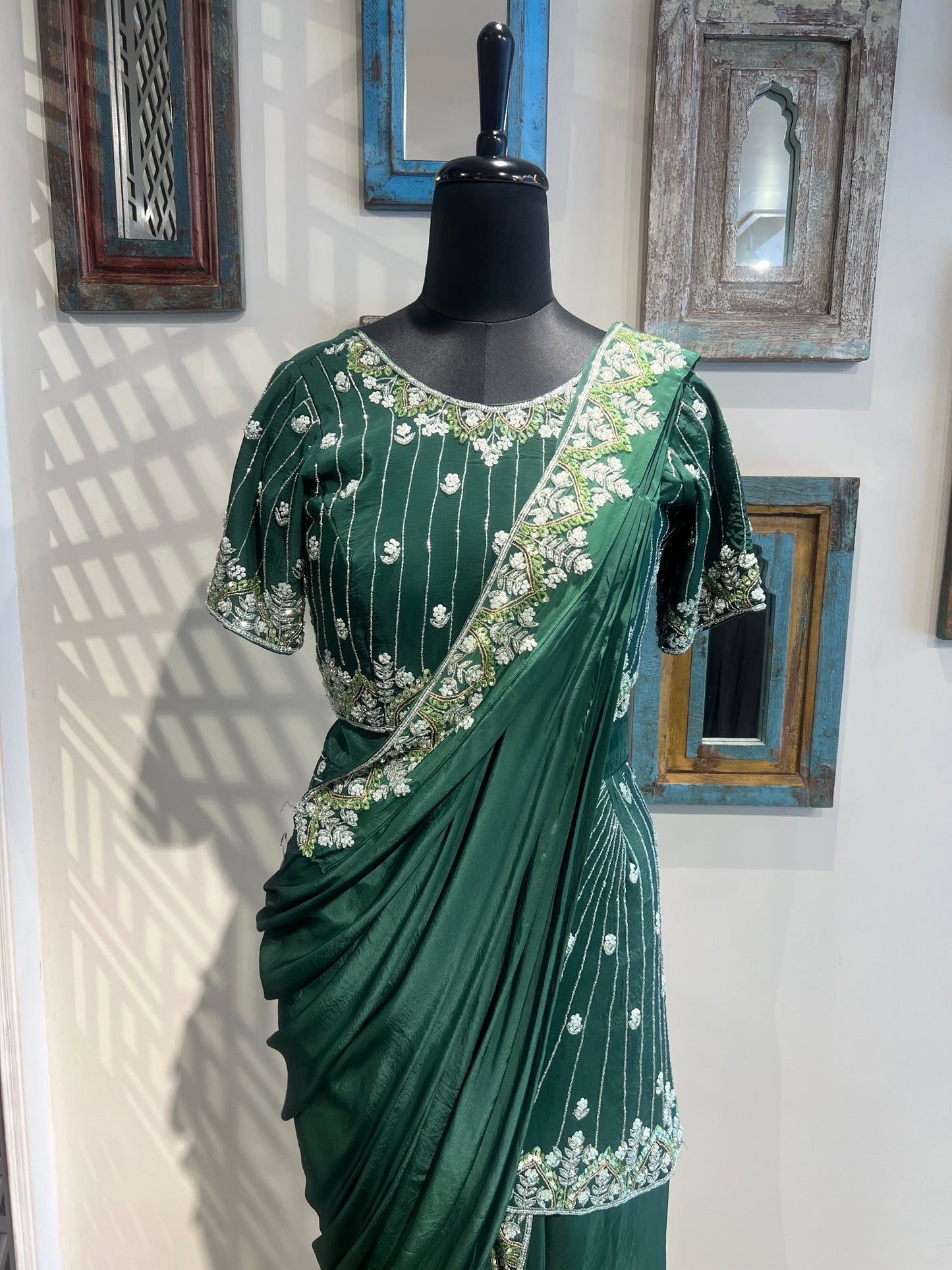 Bottle Green Draped Indo Western
