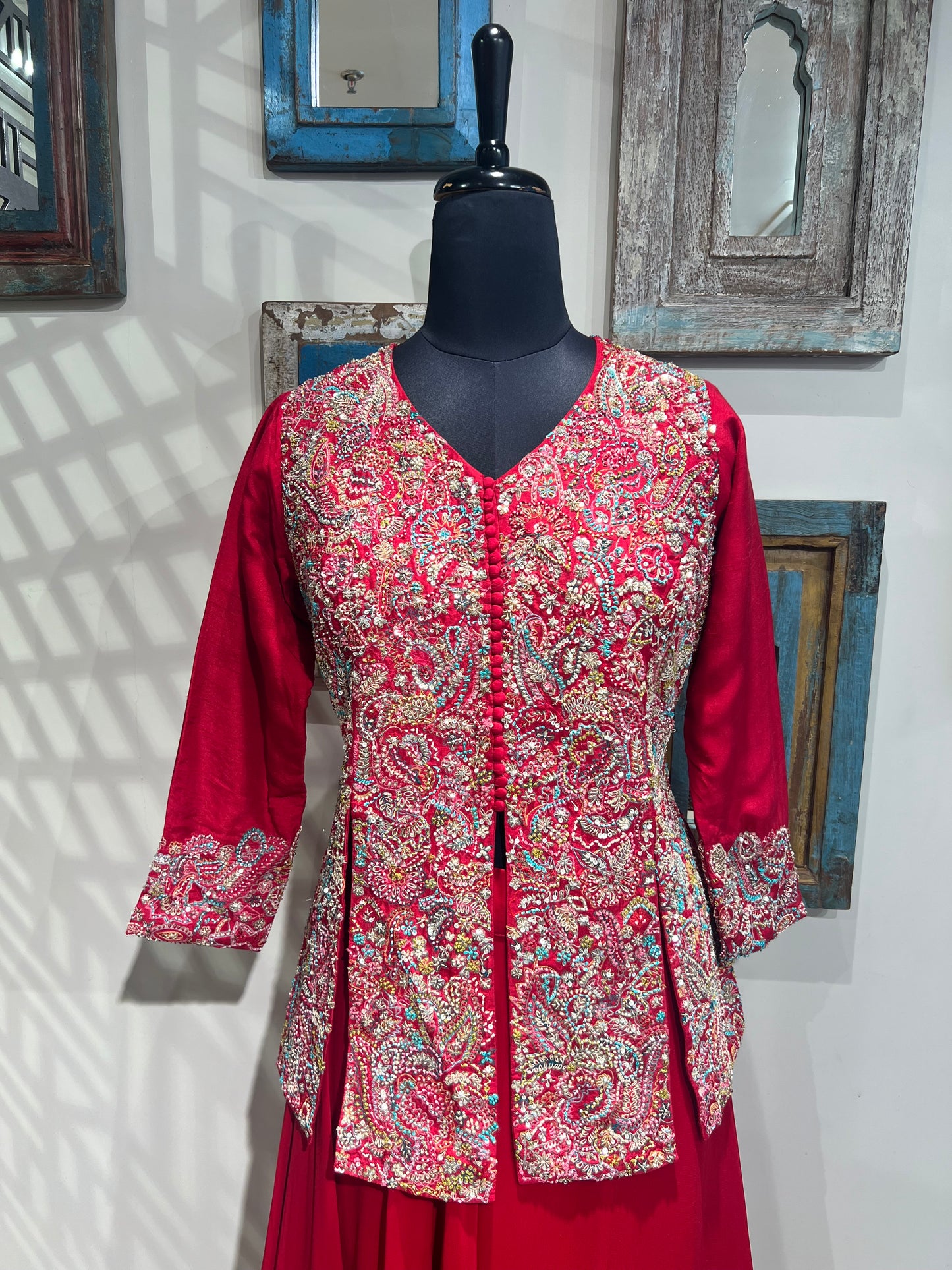 Red Lehanga with Hand Embroidered Jacket