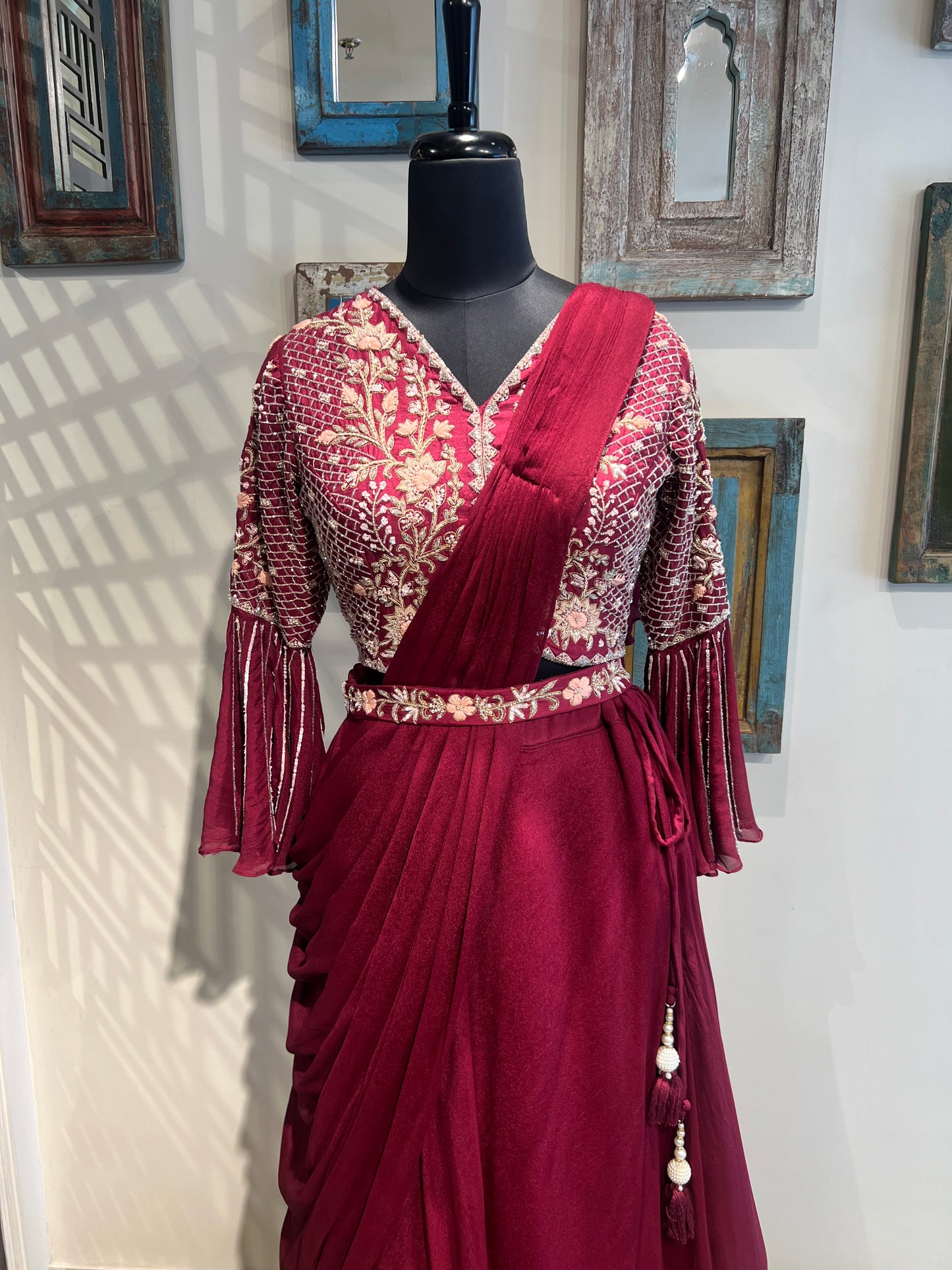 Maroon Lehanga with Drape