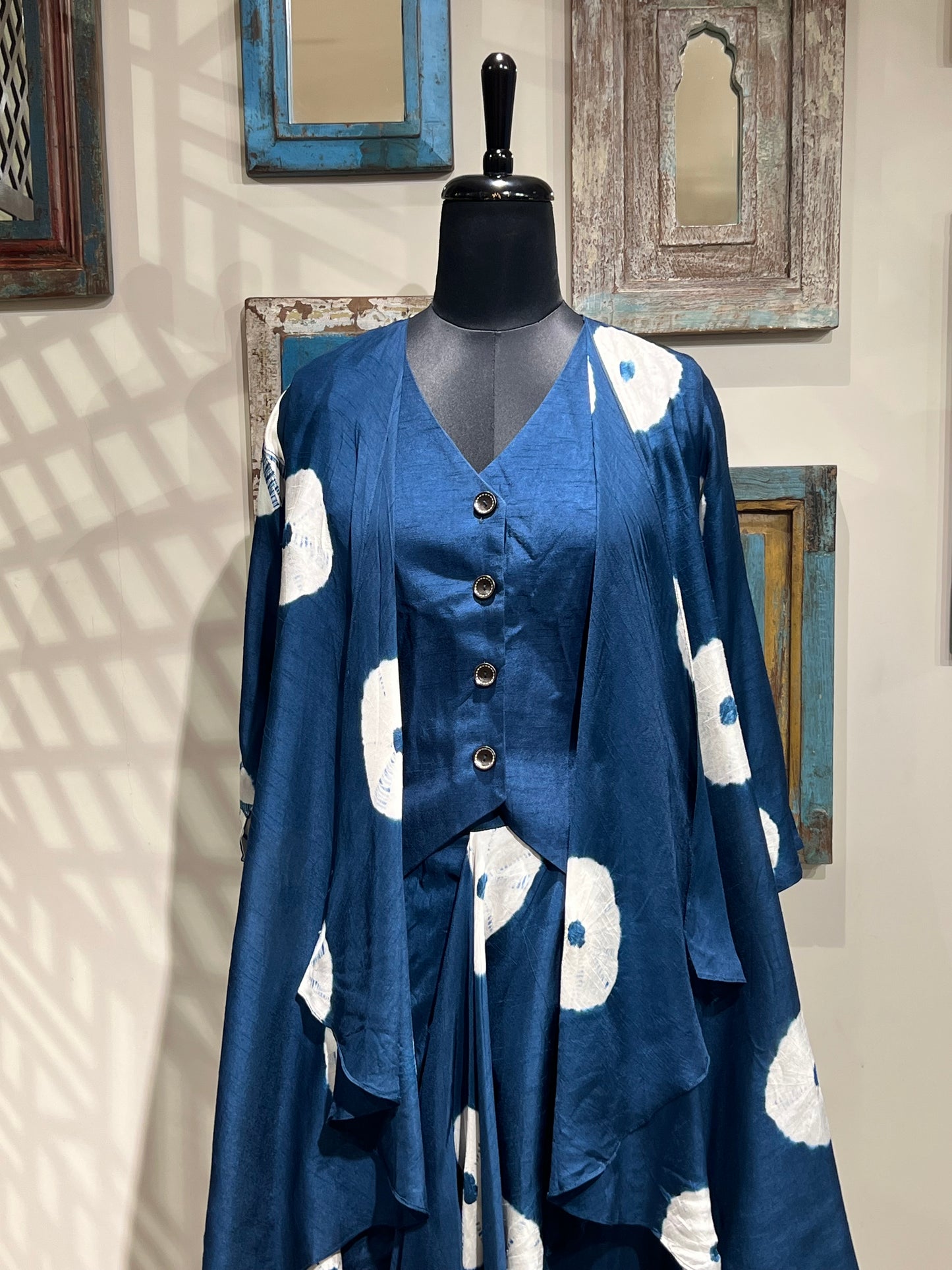 Blue Tie and Dye Pleated Skirt and Cape Indo Western