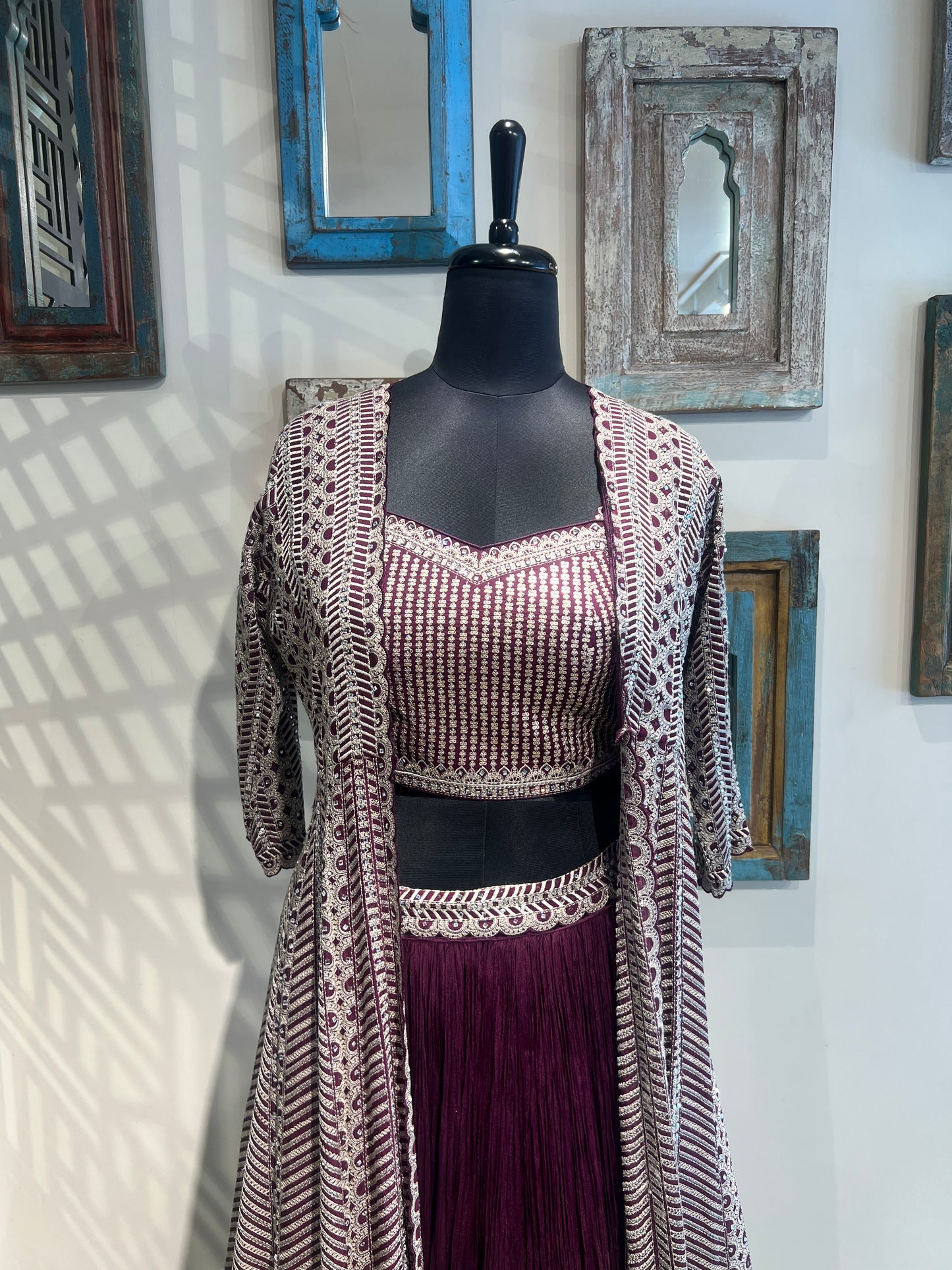 Wine Skirt and Embroidered Jacket Set