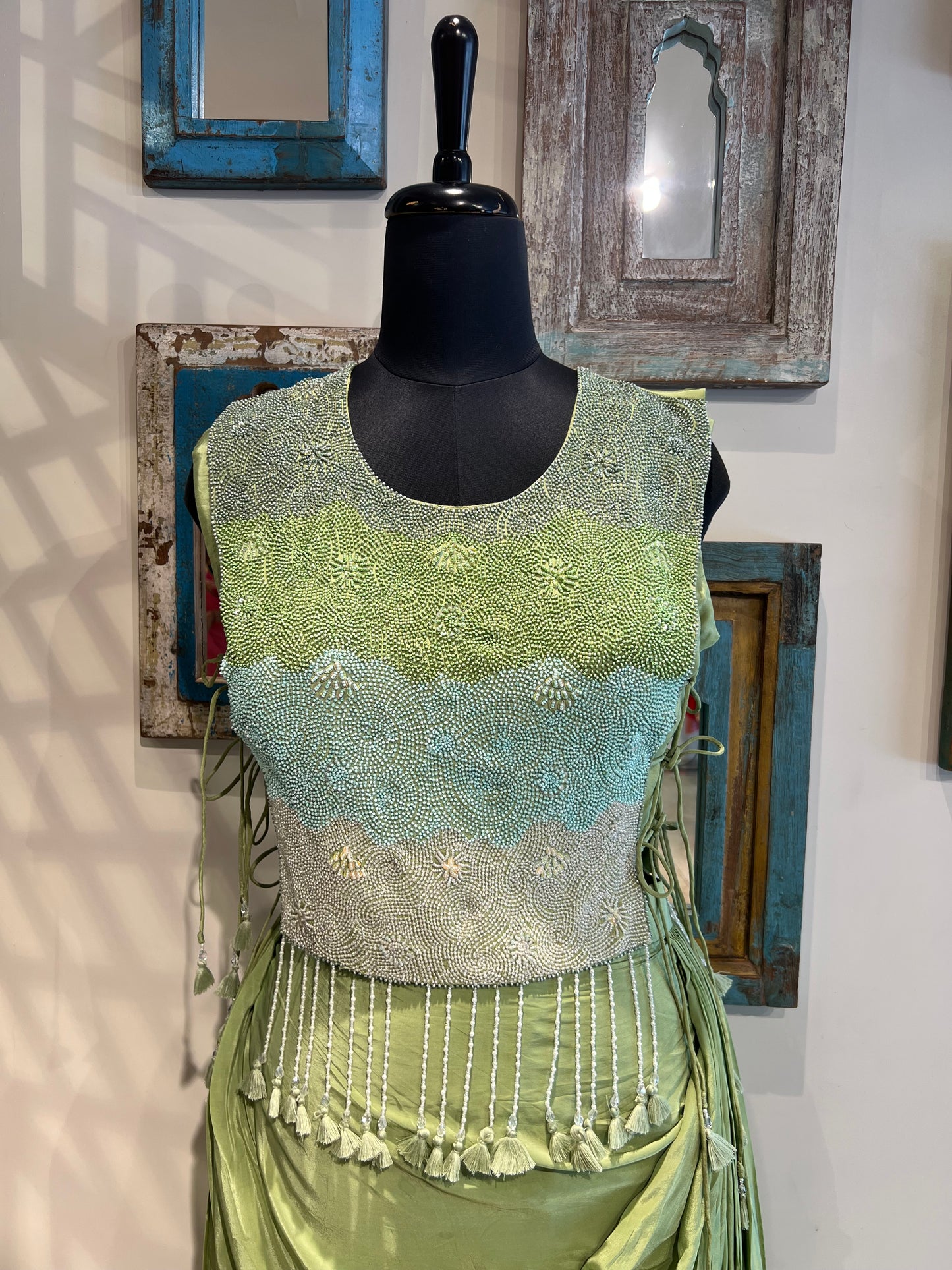 Green Indo Western with Pleated Skirt and Cape