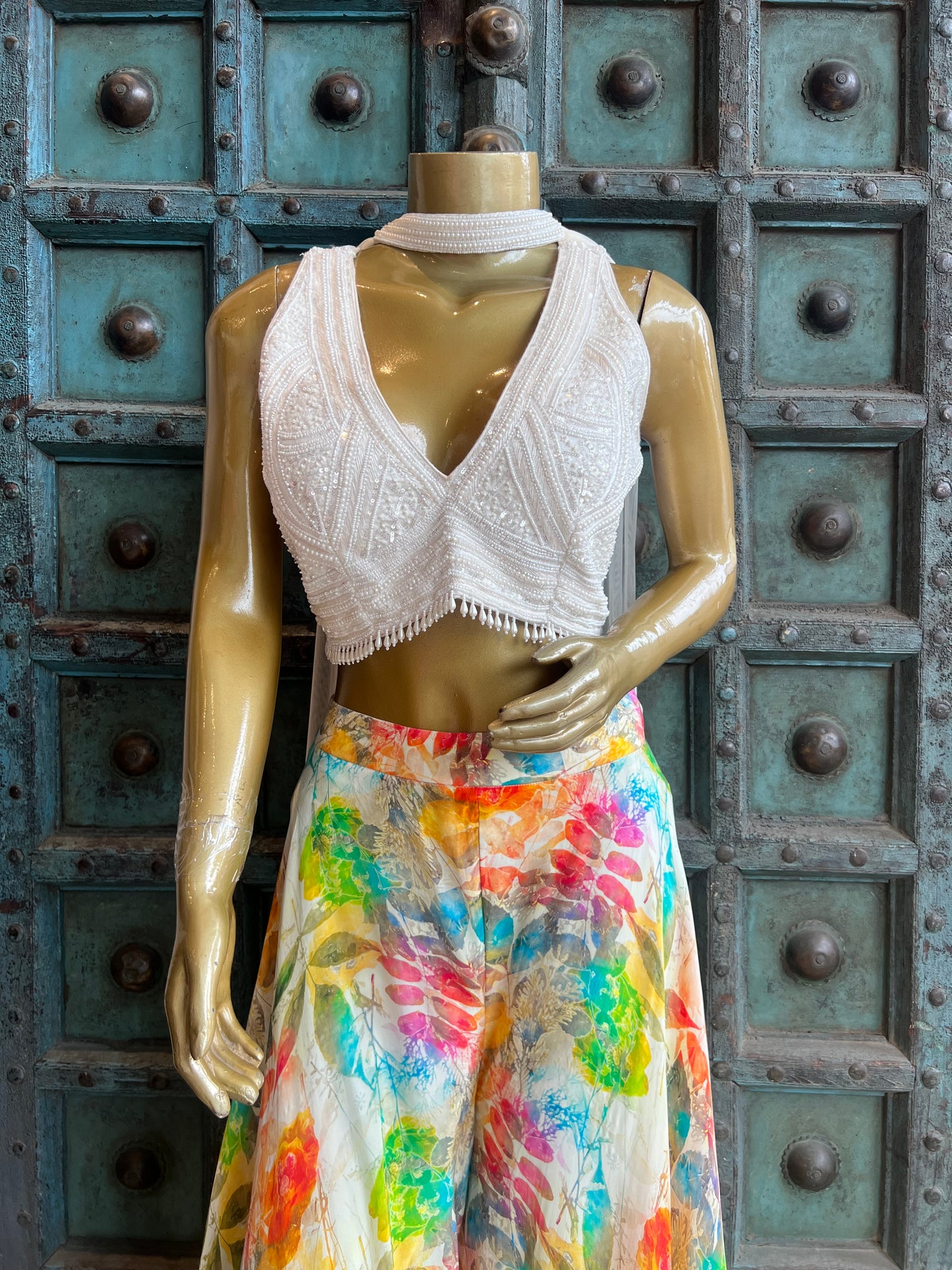 Printed Palazzo with Hand Work Sleeveless Blouse