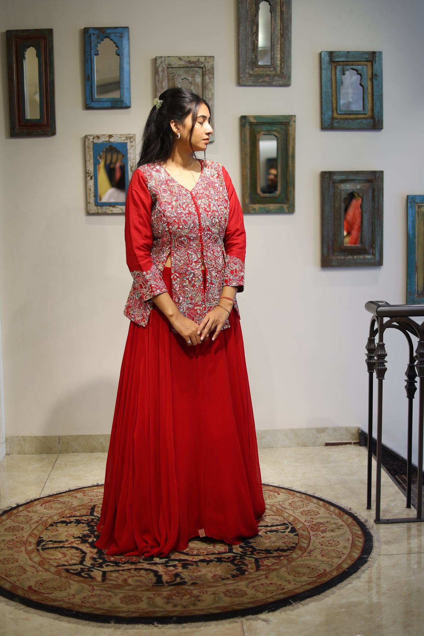 Red Lehanga with Hand Embroidered Jacket