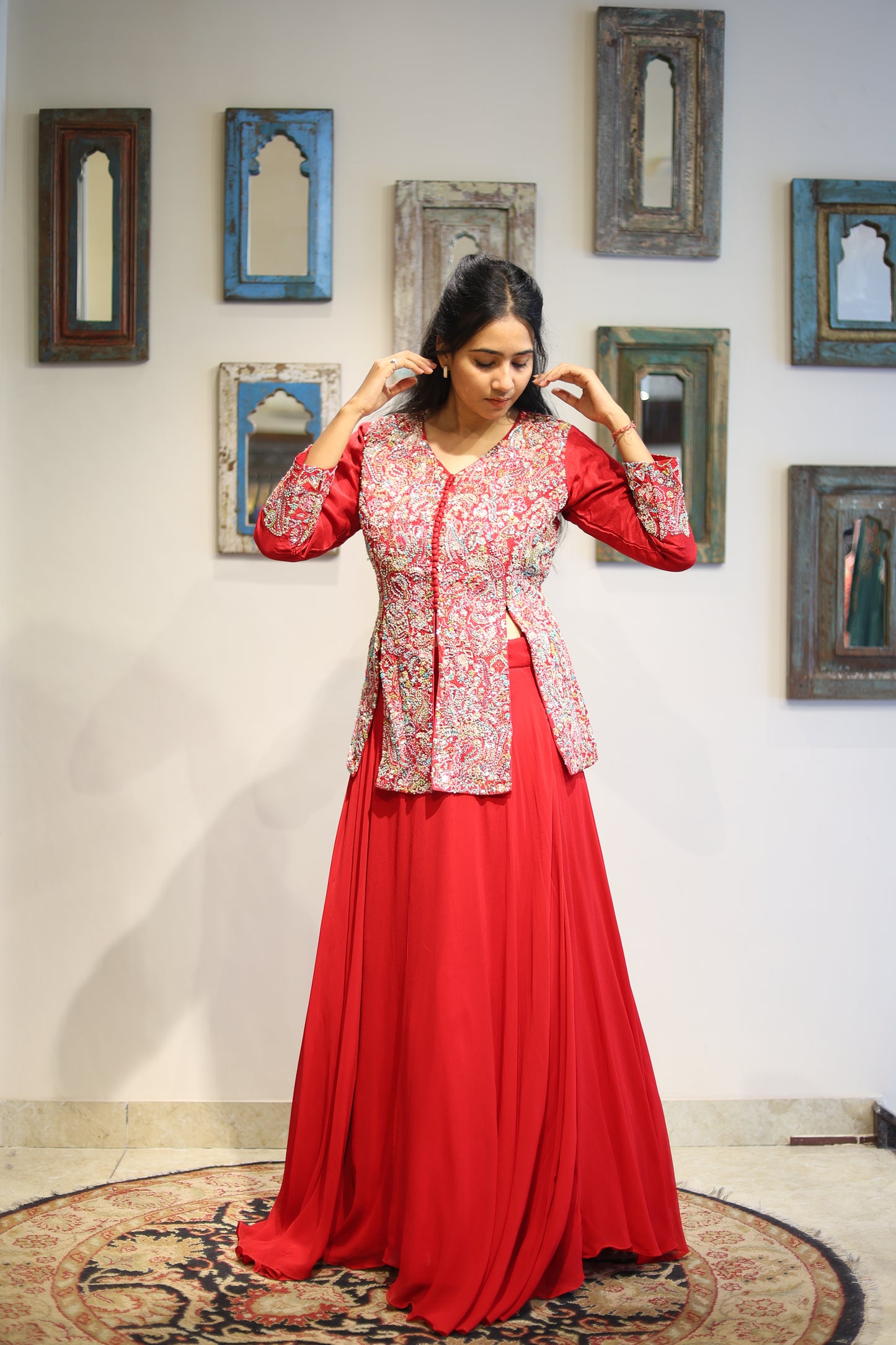 Red Lehanga with Hand Embroidered Jacket