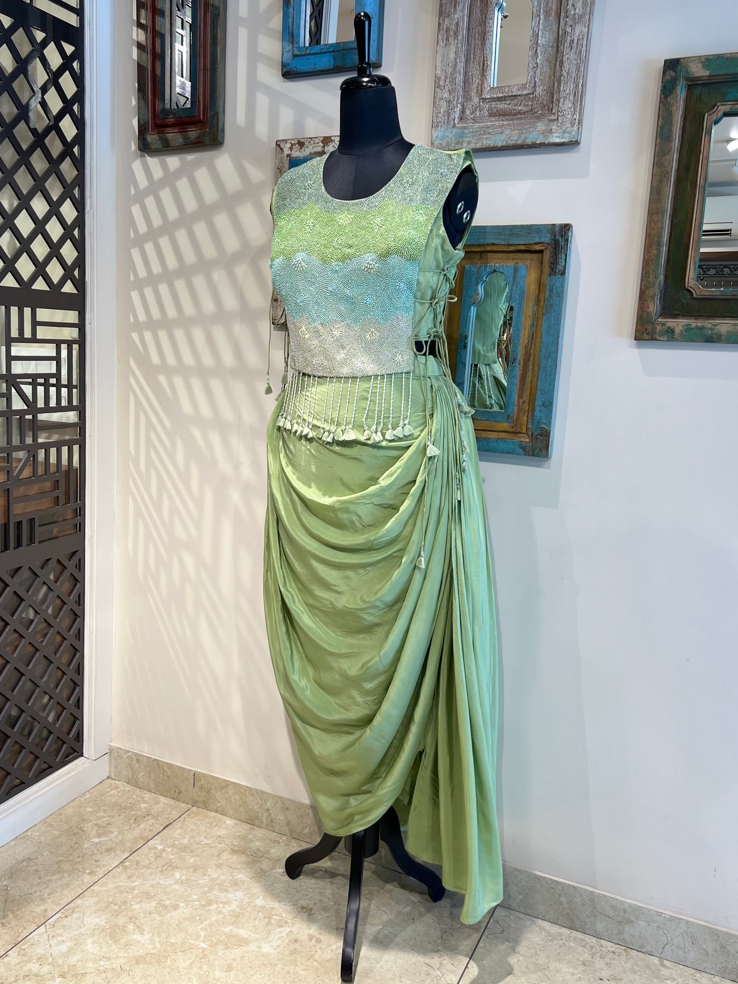 Green Indo Western with Pleated Skirt and Cape