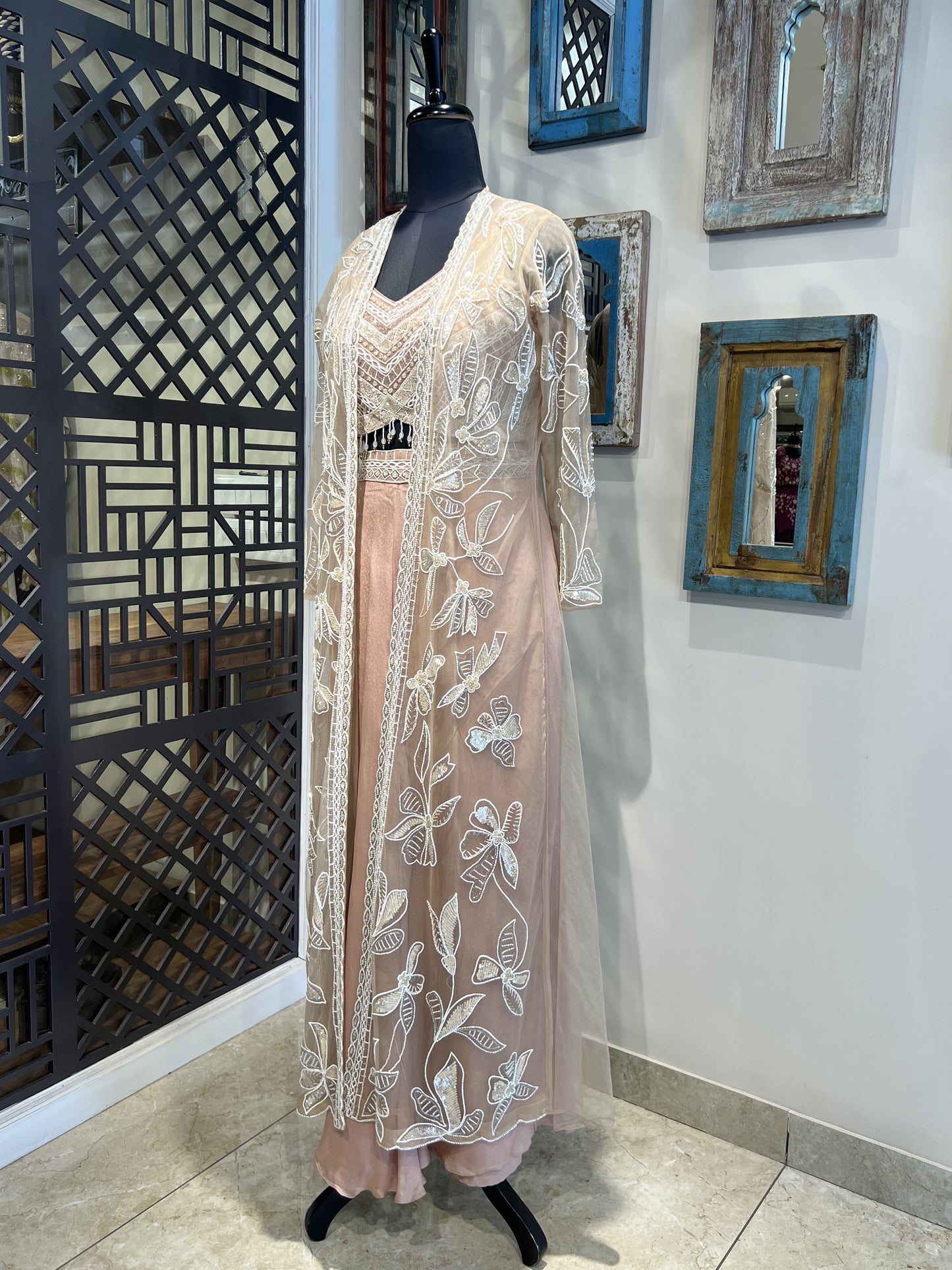 Peach Indo Western Embellished with Pearl and Sequence Work