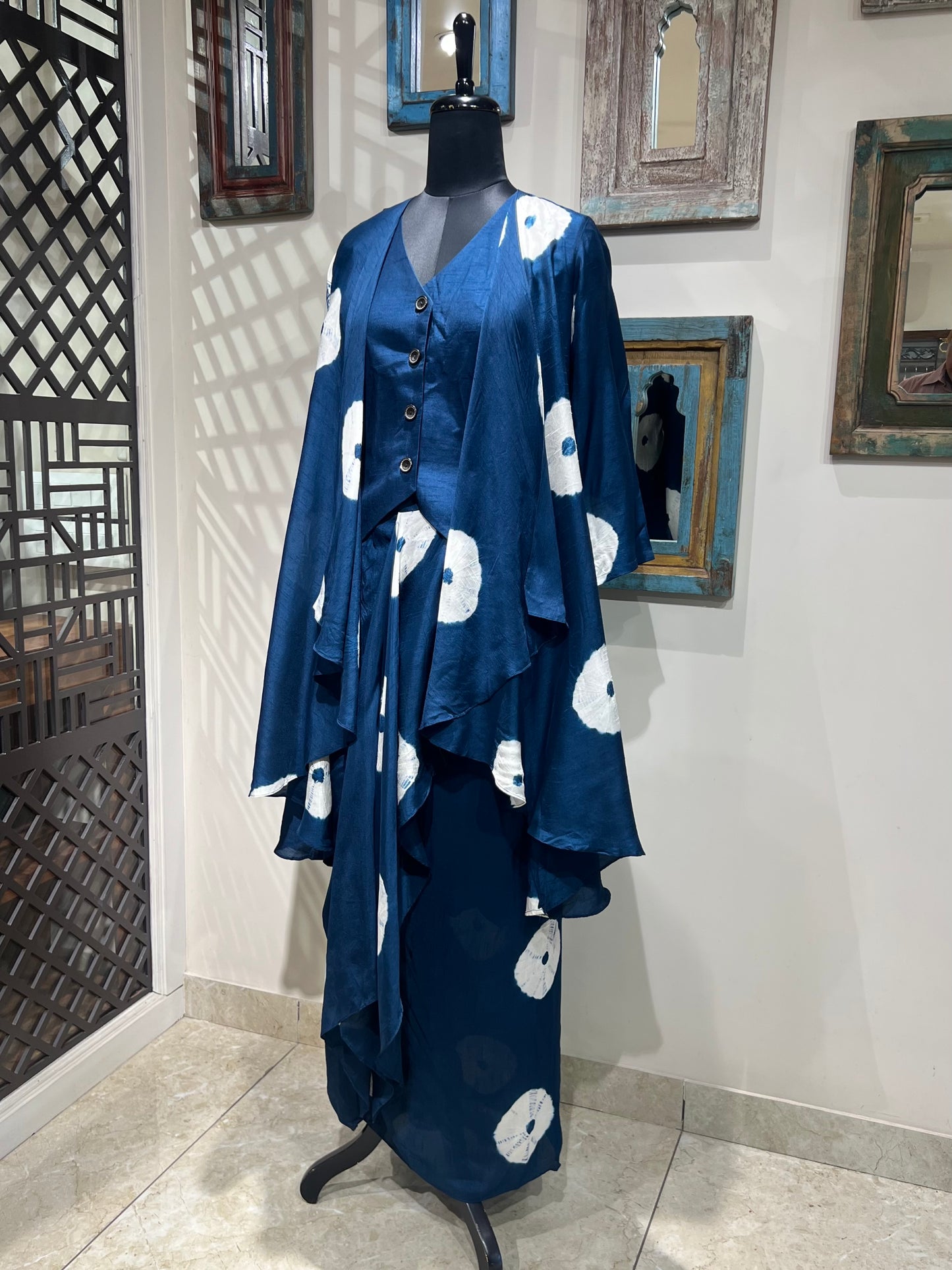 Blue Tie and Dye Pleated Skirt and Cape Indo Western