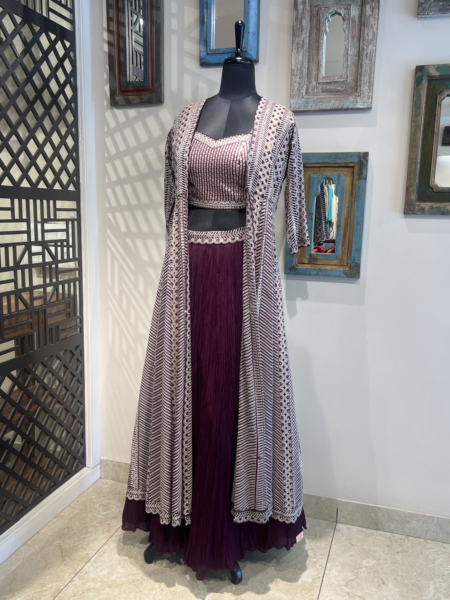 Wine Skirt and Embroidered Jacket Set