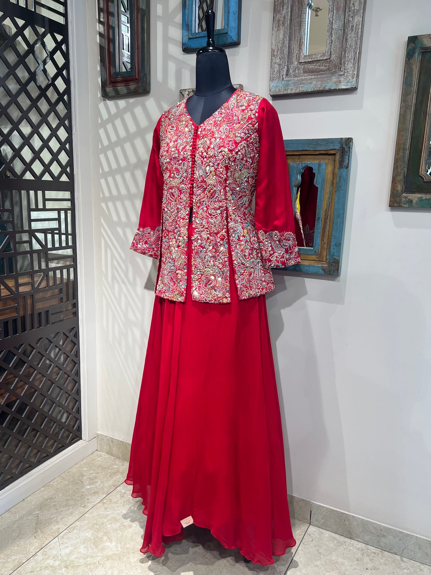 Red Lehanga with Hand Embroidered Jacket