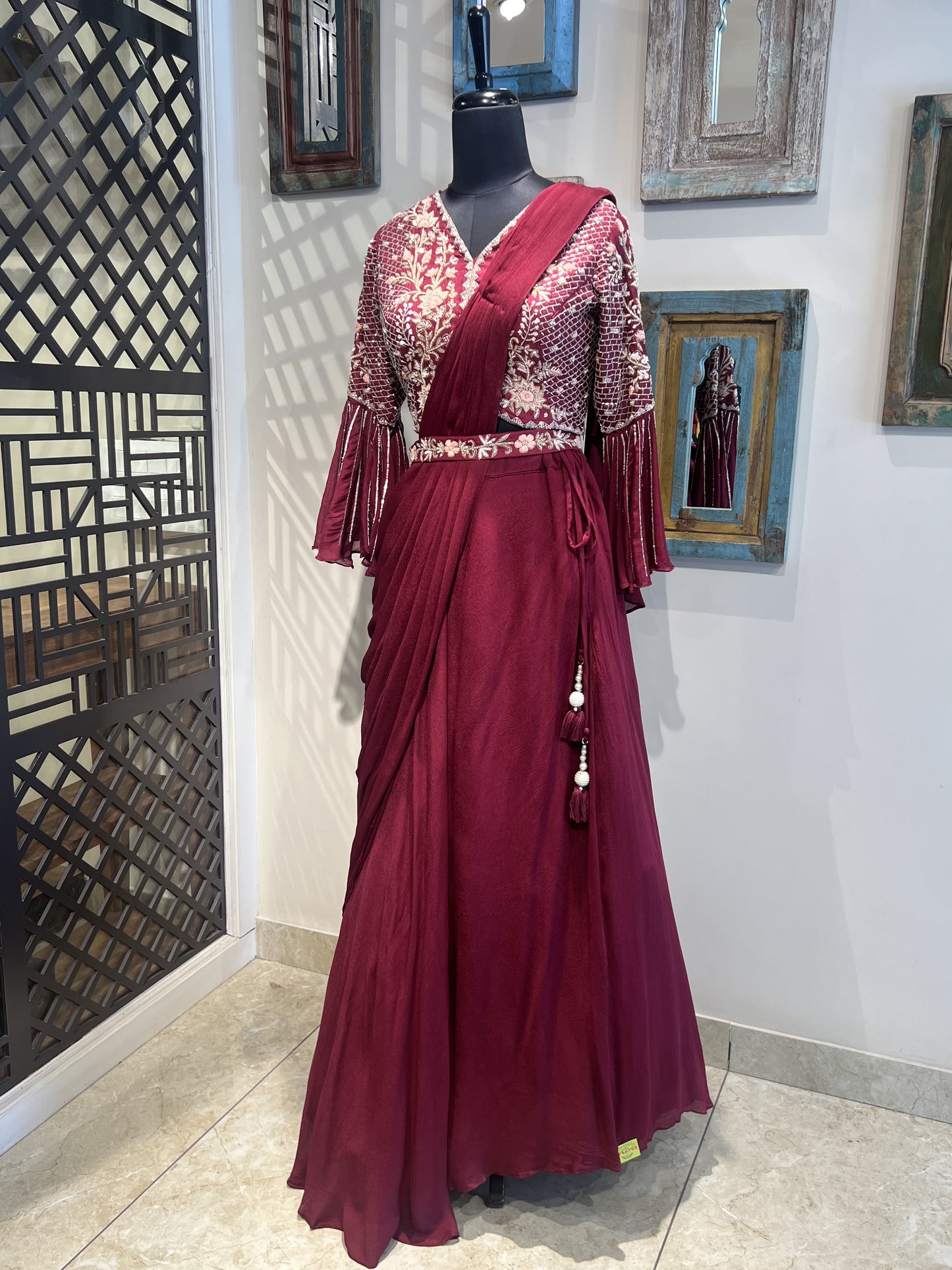 Maroon Lehanga with Drape