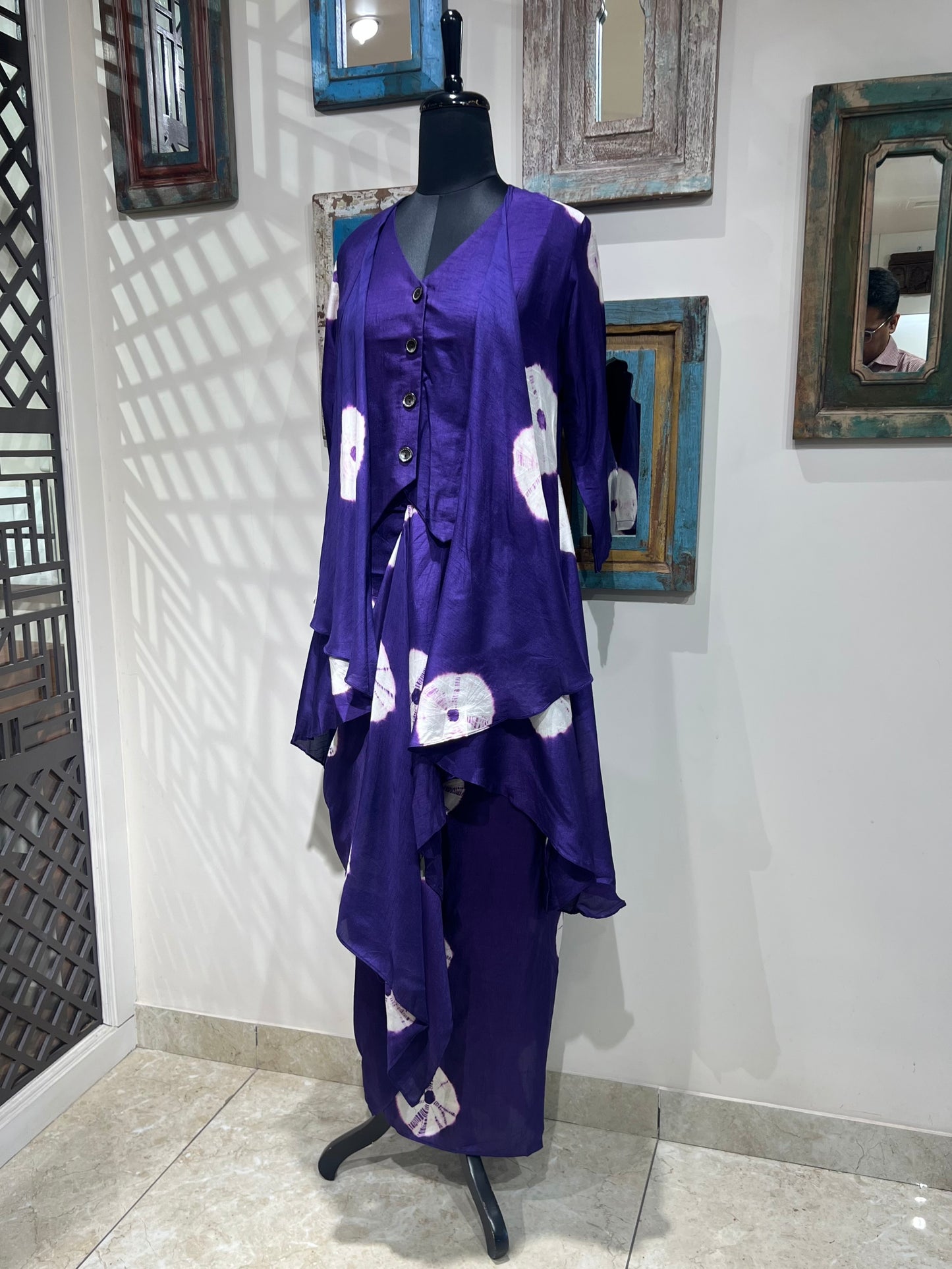 Purple Tie and Dye Pleated Skirt and Cape Indo Western