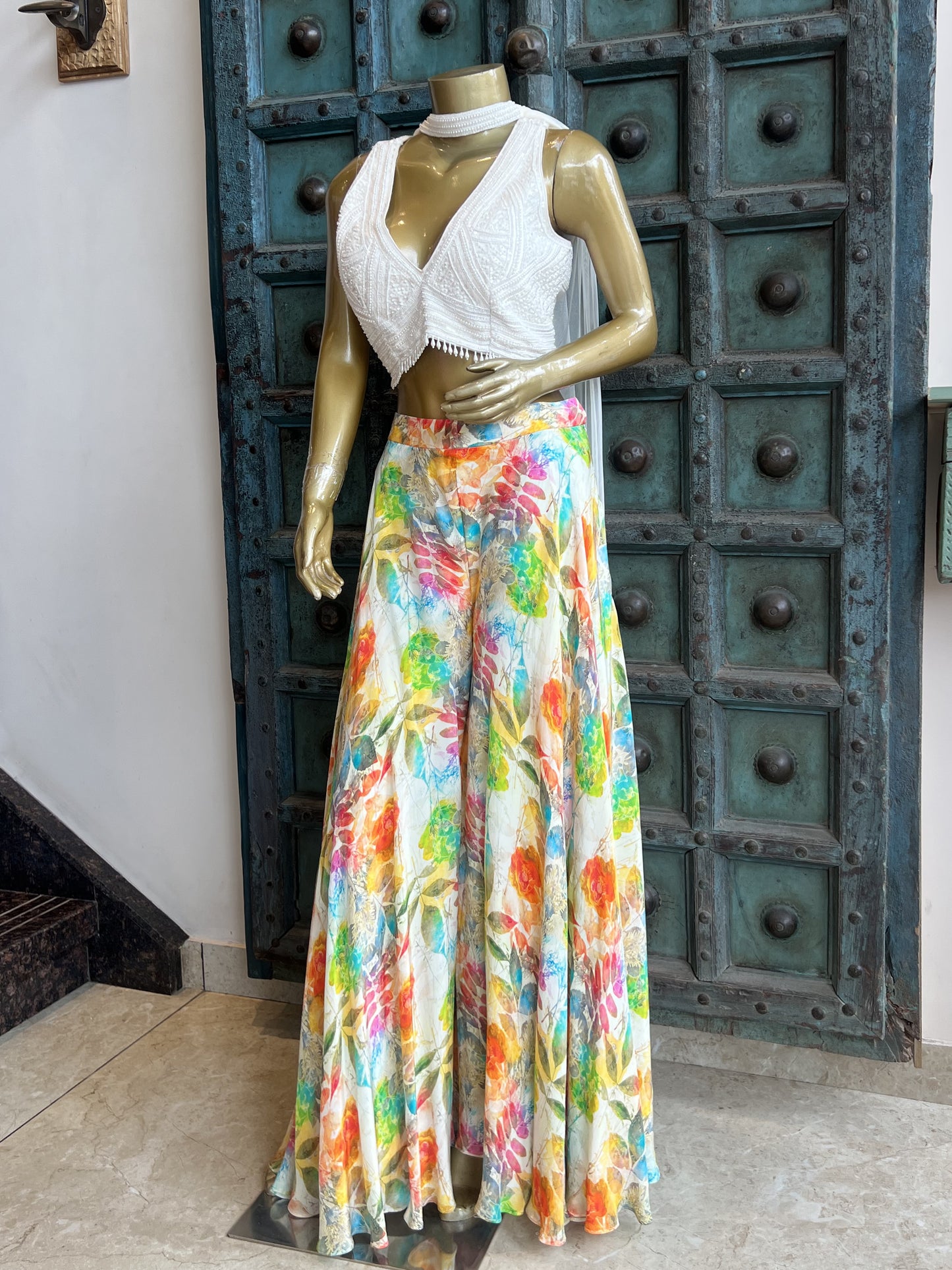 Printed Palazzo with Hand Work Sleeveless Blouse