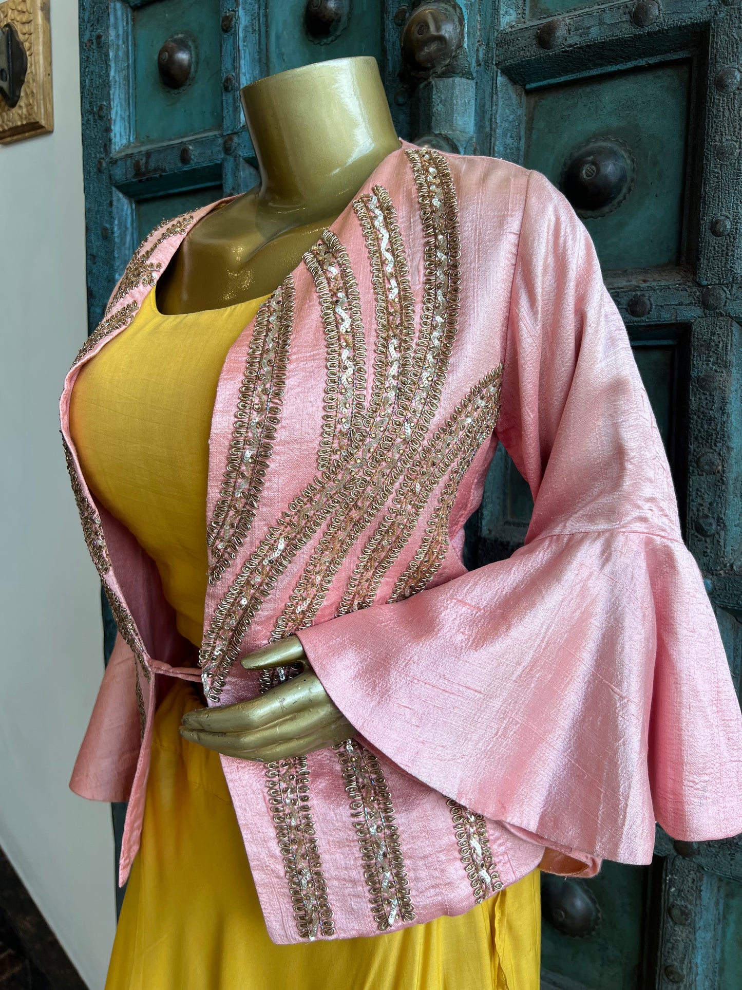 Crepe Skirt and Crop Top with Peach Handwork Jacket