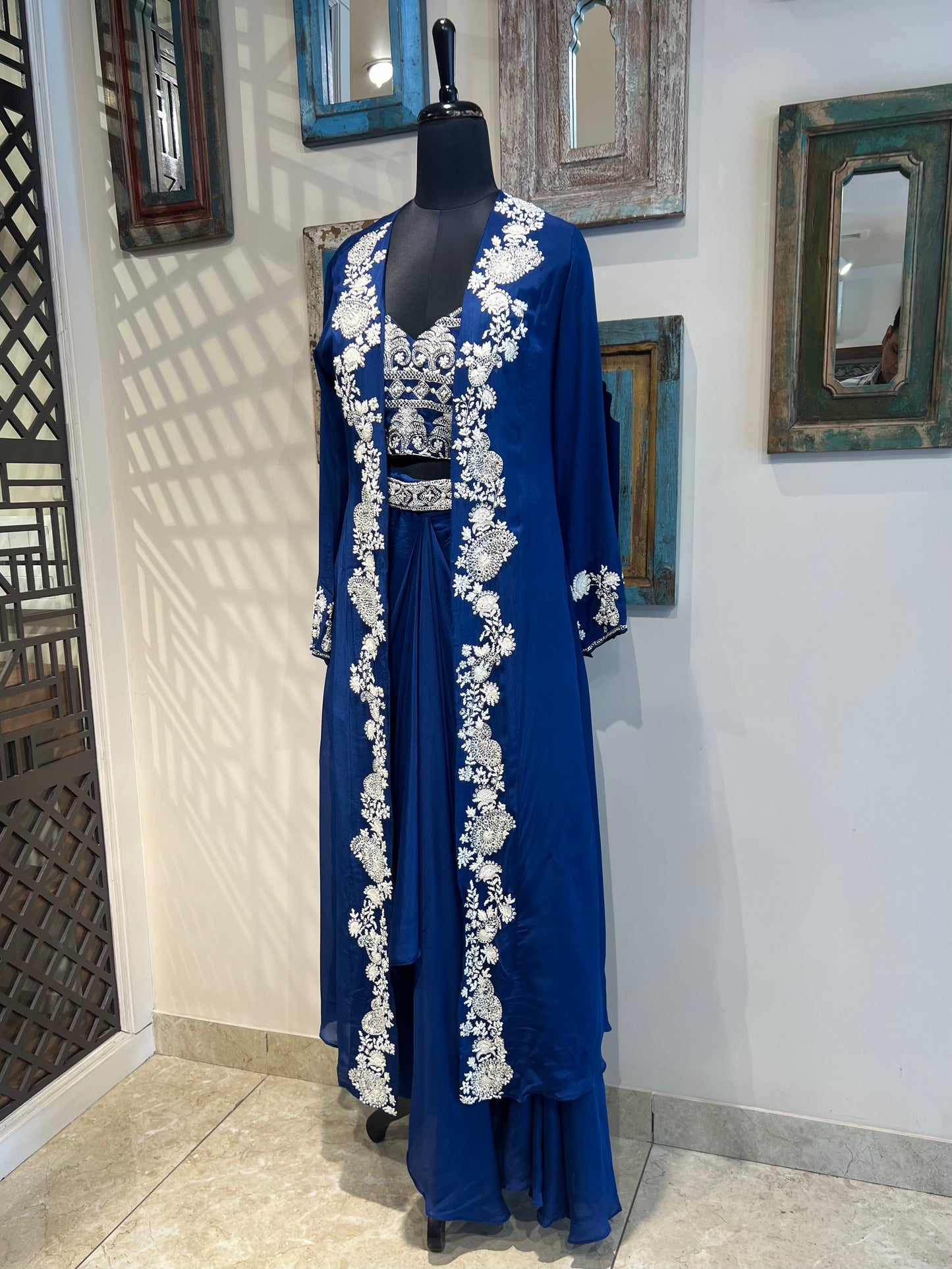 Ink Blue Pleated Skirt with Hand Work Crop Top and Jacket