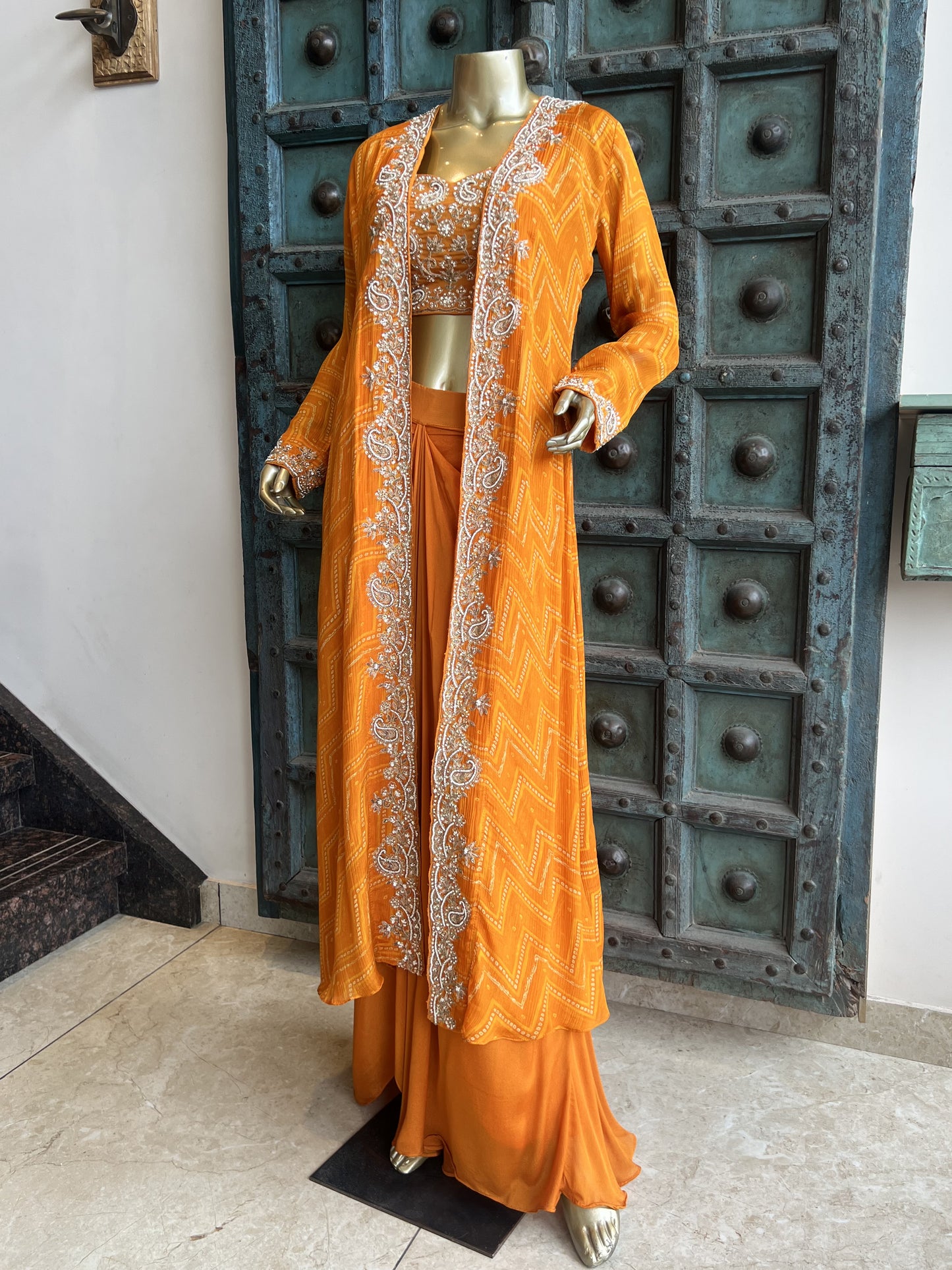 Kesari Pleated Skirt with Hand Work Crop Top and Jacket