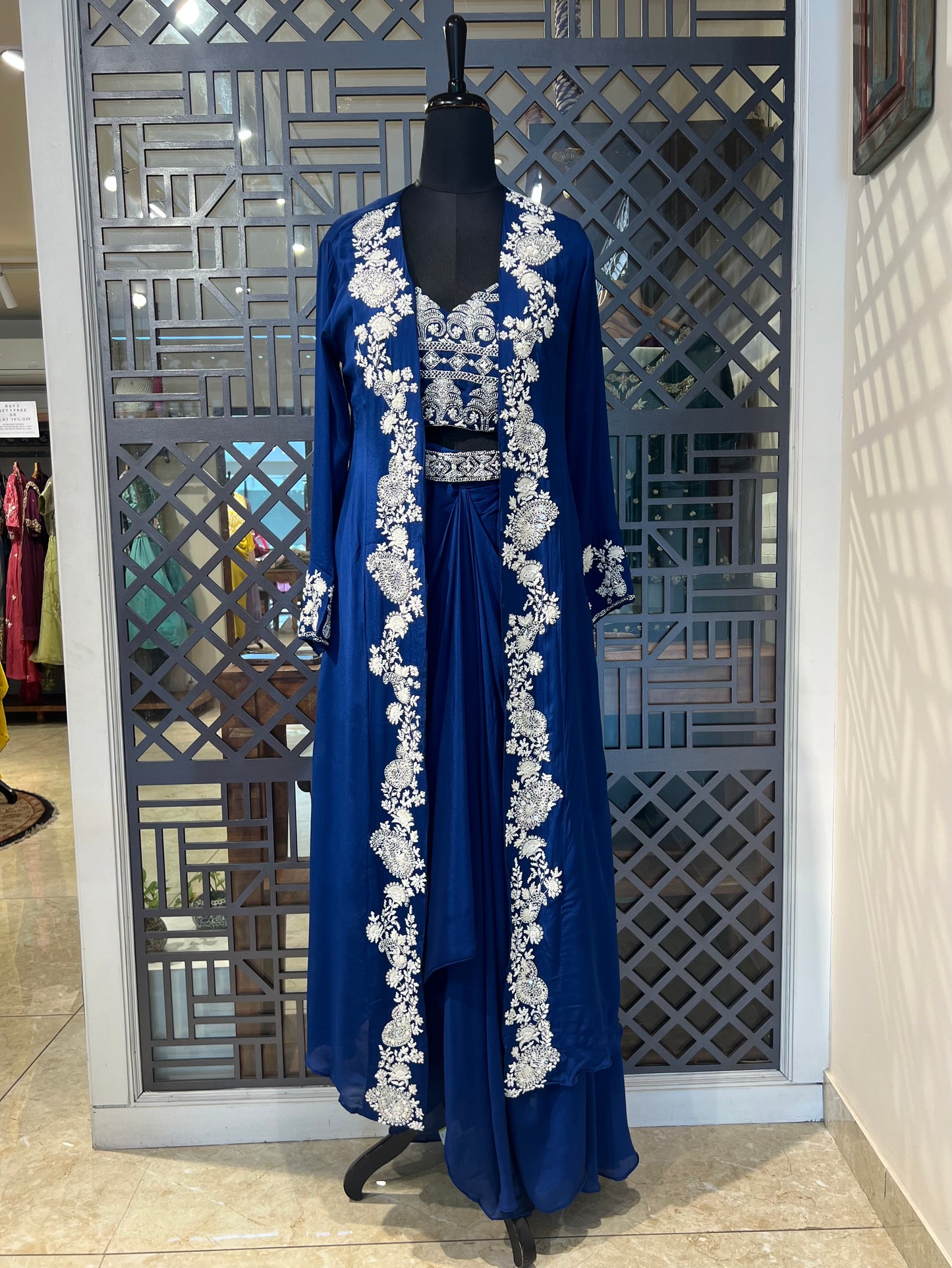 Ink Blue Pleated Skirt with Hand Work Crop Top and Jacket