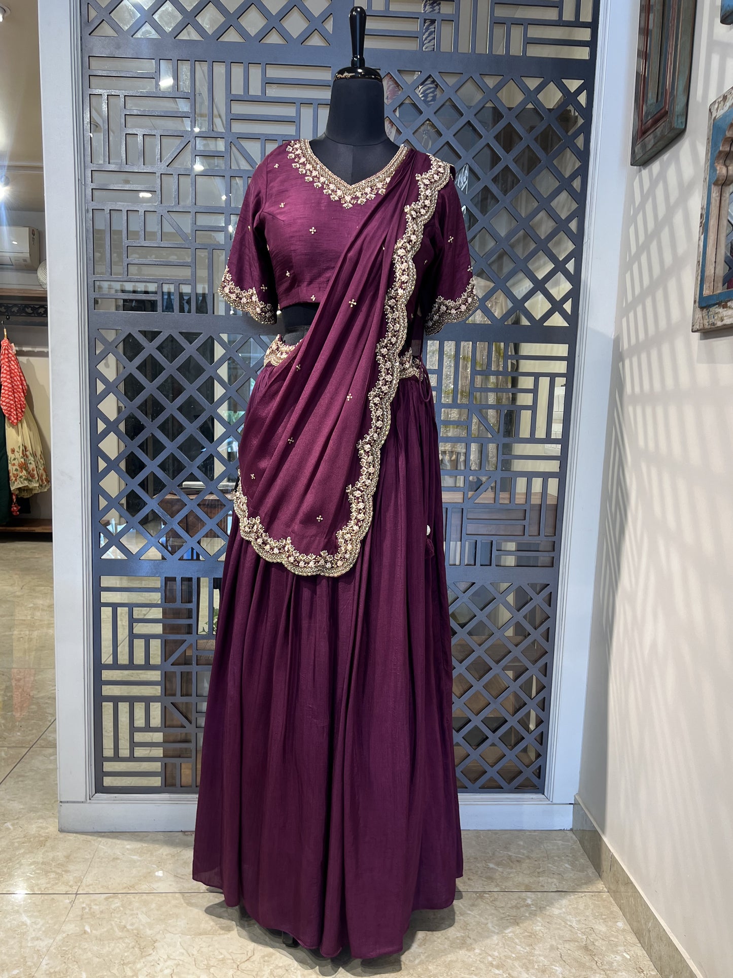 Wine Embellished Work Lehanga