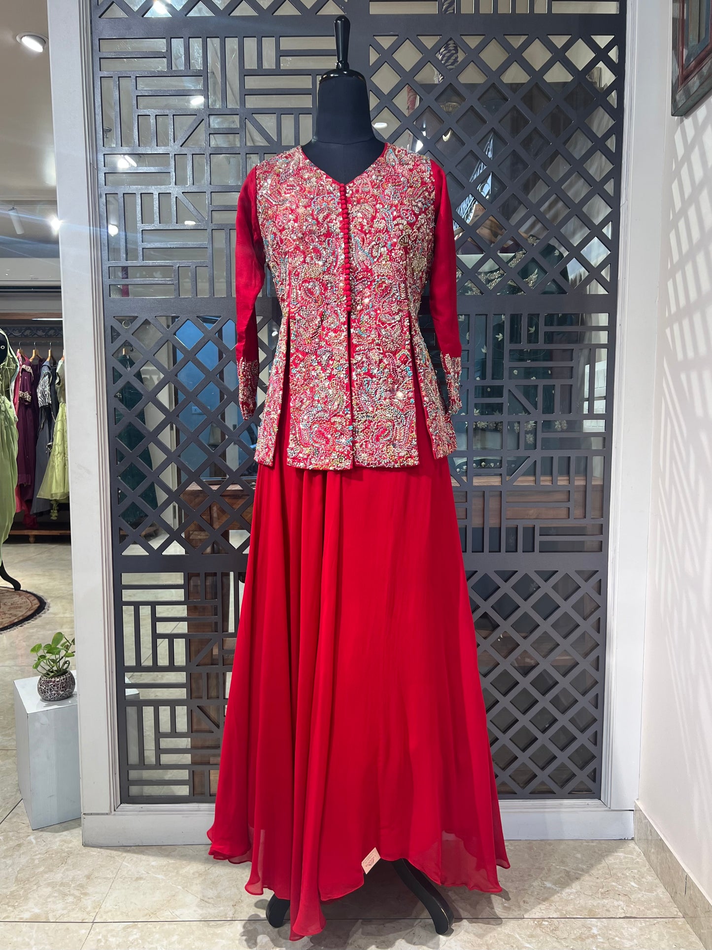 Red Lehanga with Hand Embroidered Jacket
