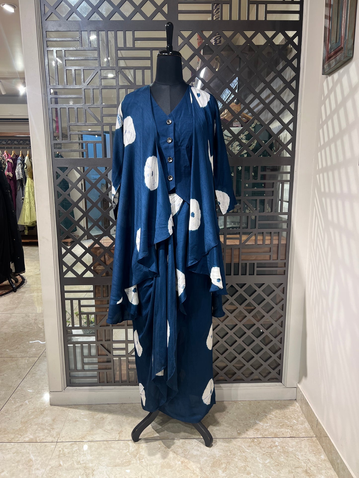 Blue Tie and Dye Pleated Skirt and Cape Indo Western