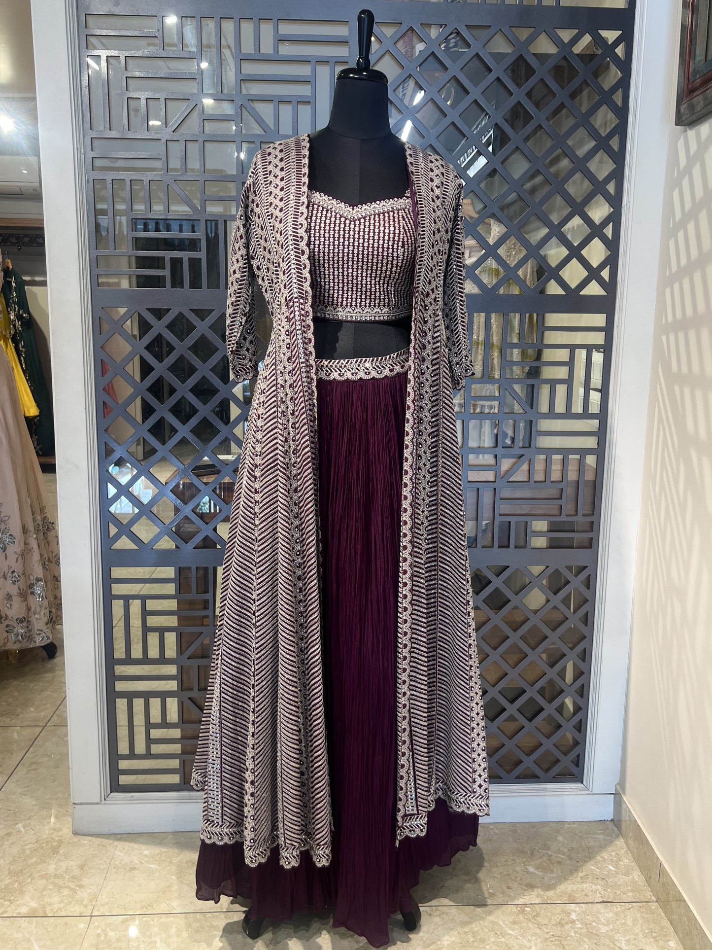 Wine Skirt and Embroidered Jacket Set