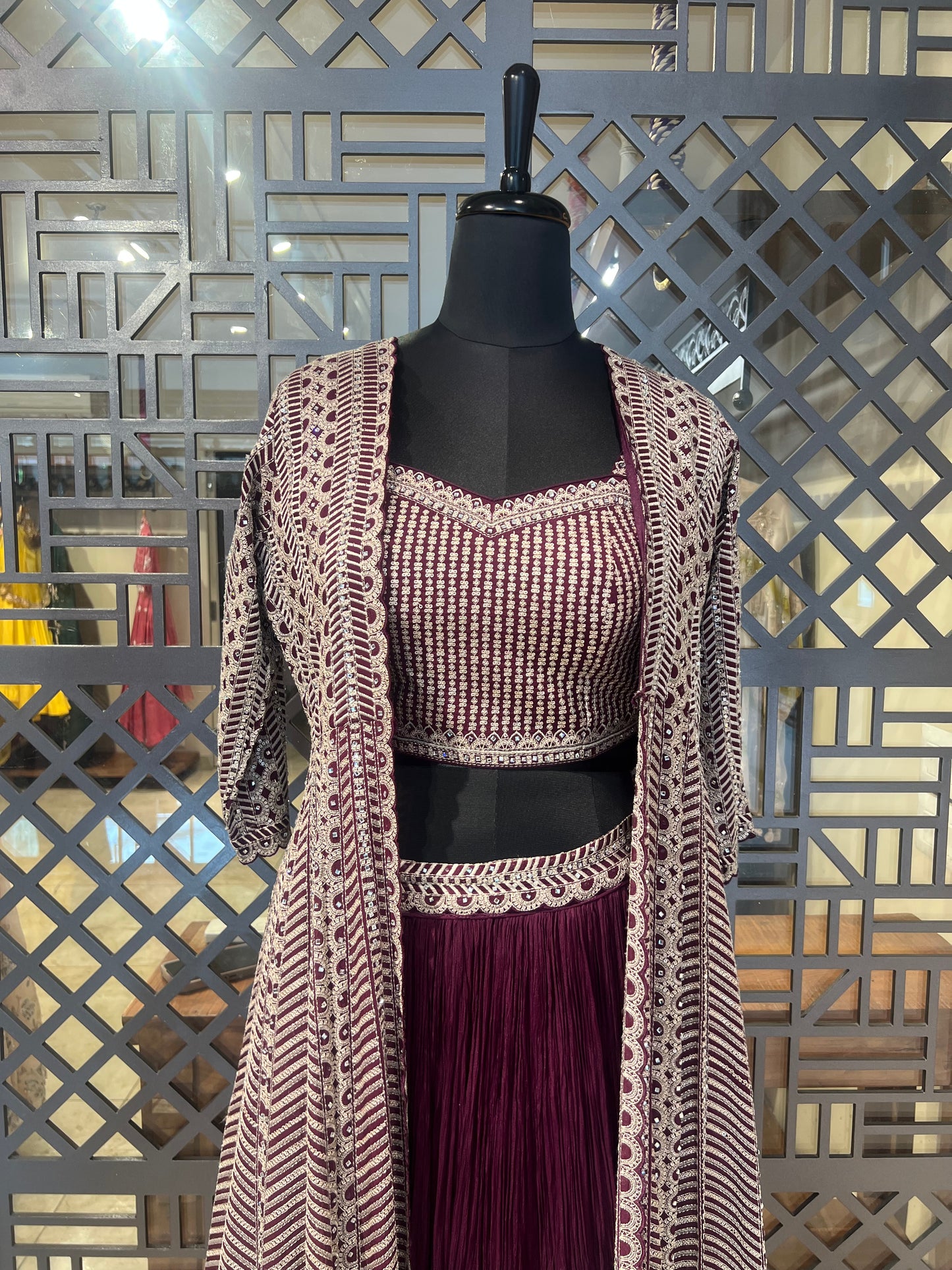 Wine Skirt and Embroidered Jacket Set