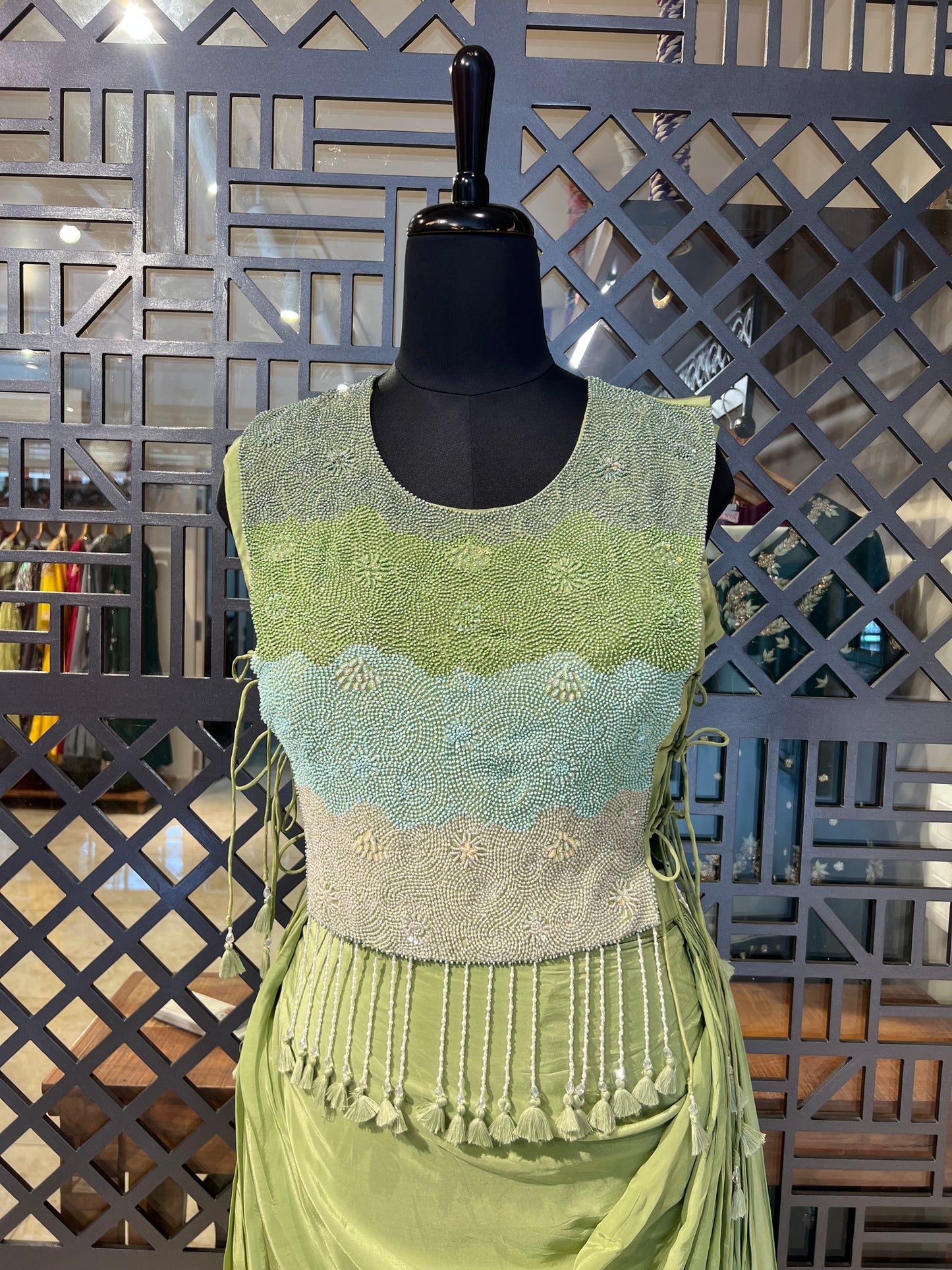 Green Indo Western with Pleated Skirt and Cape