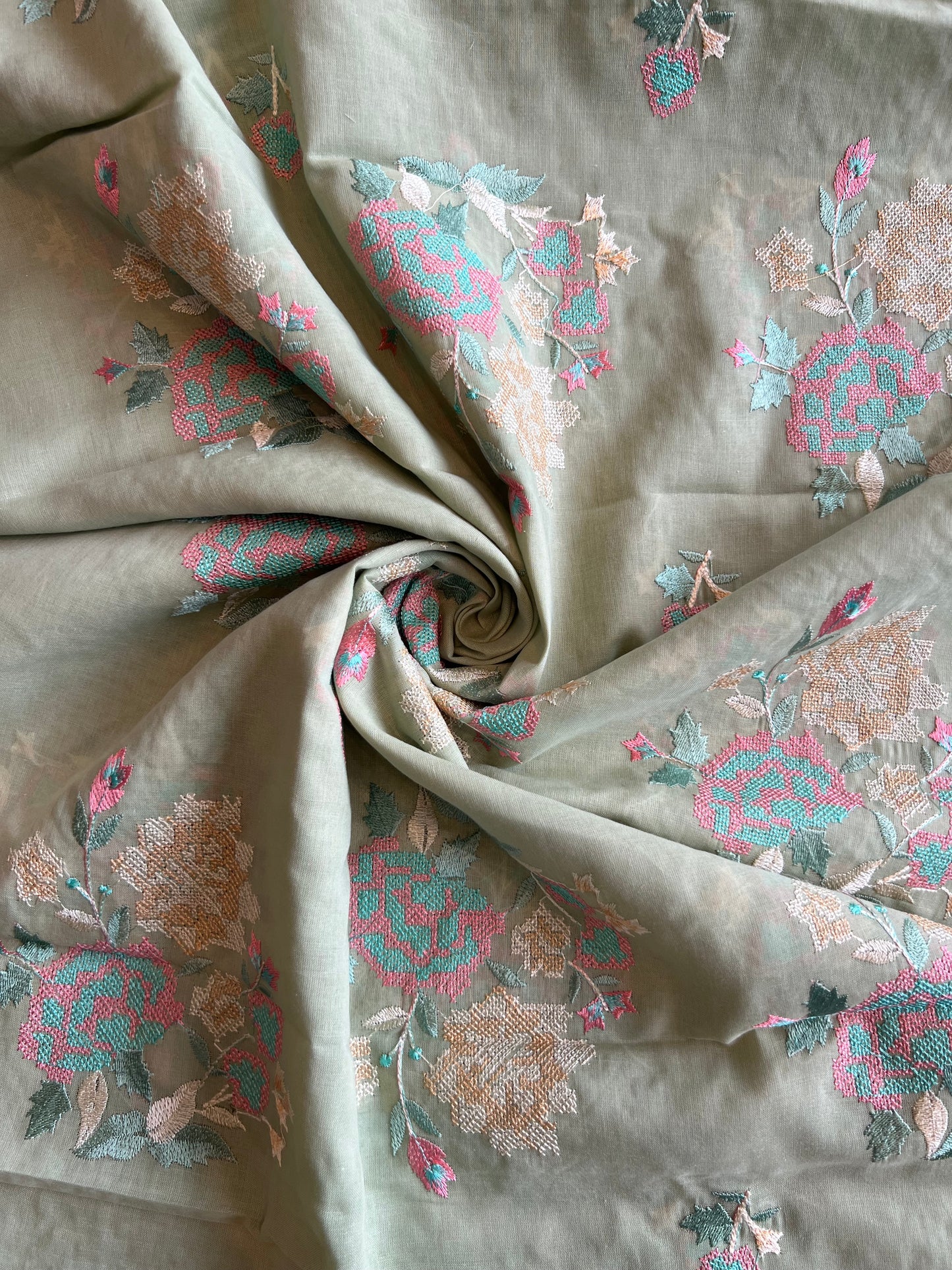 Olive Green Cross Stitch Floral Embroidered Cotton Voile Fabric