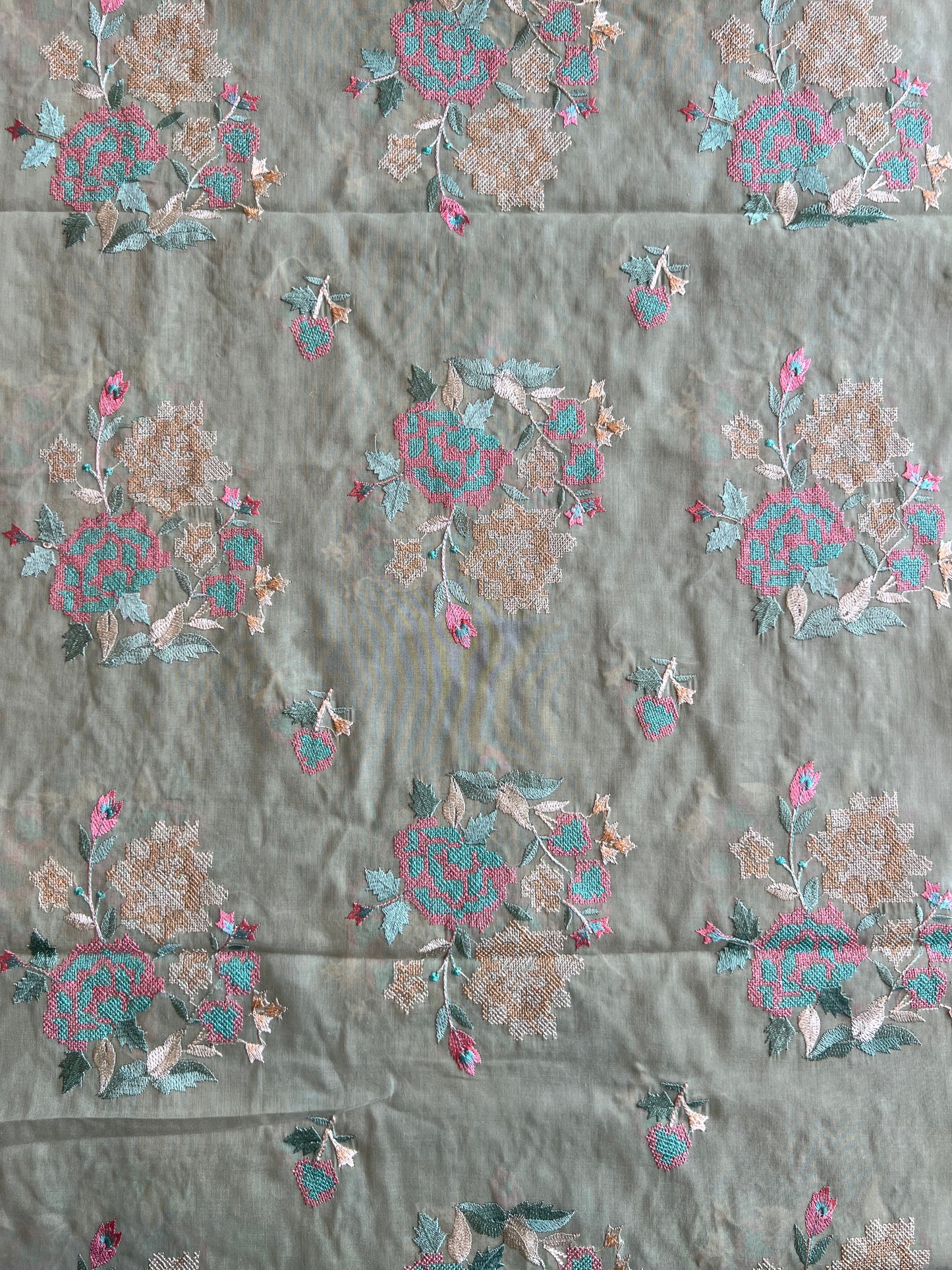 Olive Green Cross Stitch Floral Embroidered Cotton Voile Fabric
