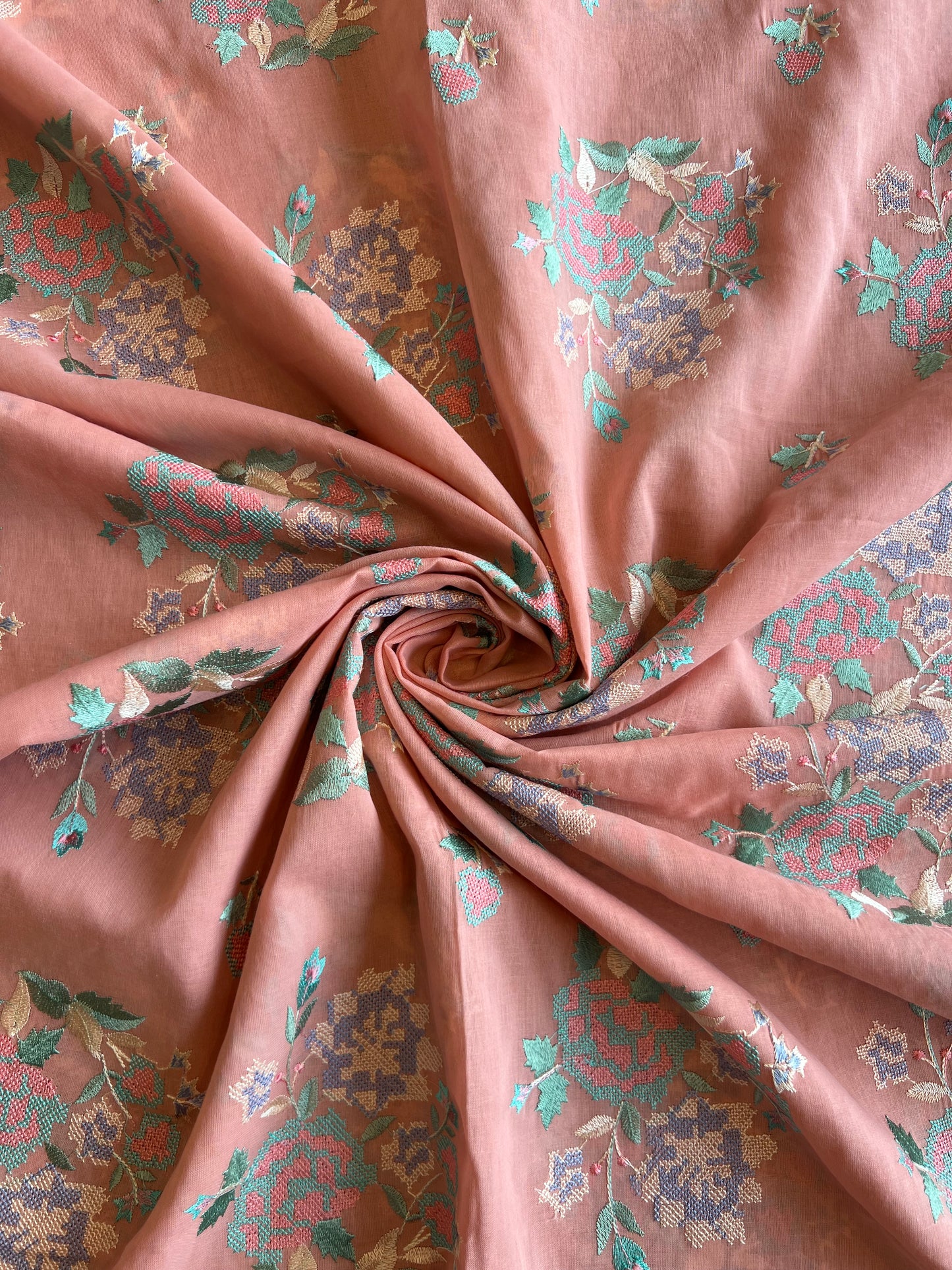 Peach Cross Stitch Floral Embroidered Cotton Voile Fabric