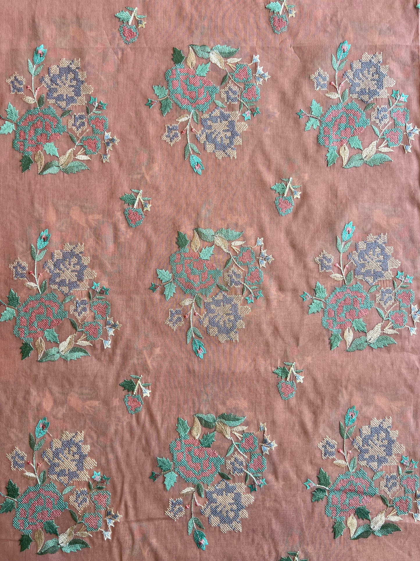 Peach Cross Stitch Floral Embroidered Cotton Voile Fabric