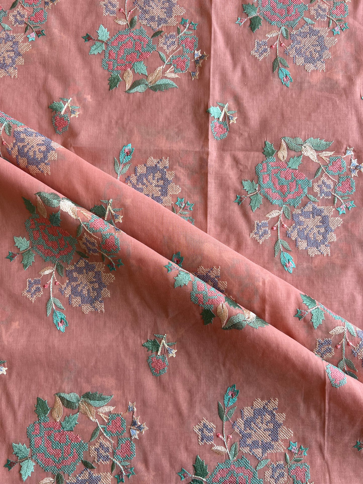 Peach Cross Stitch Floral Embroidered Cotton Voile Fabric