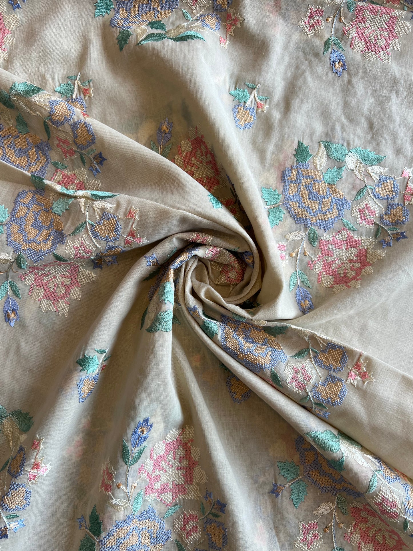 Skin Colour Cross Stitch Floral Embroidered Cotton Voile Fabric