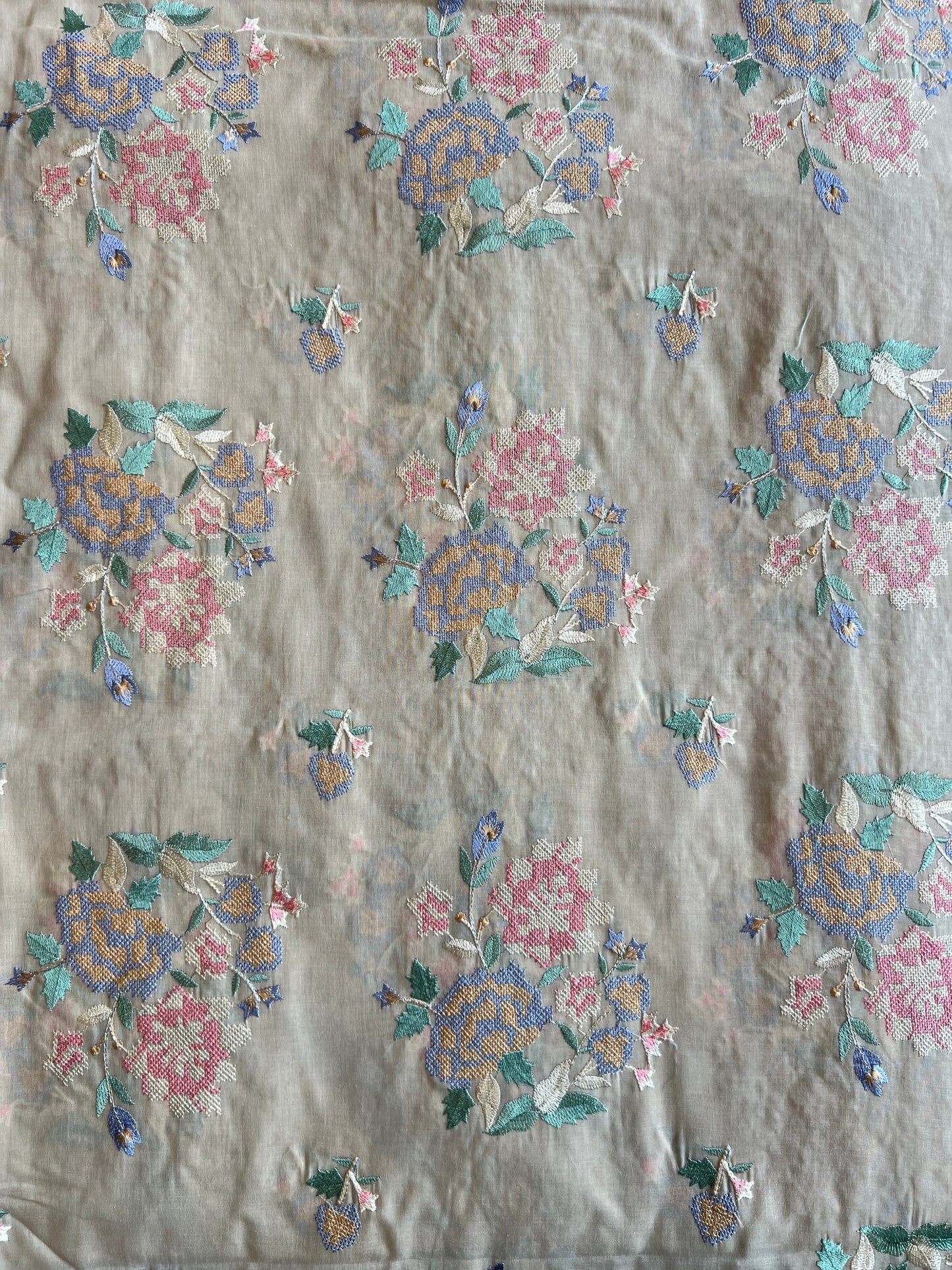 Skin Colour Cross Stitch Floral Embroidered Cotton Voile Fabric