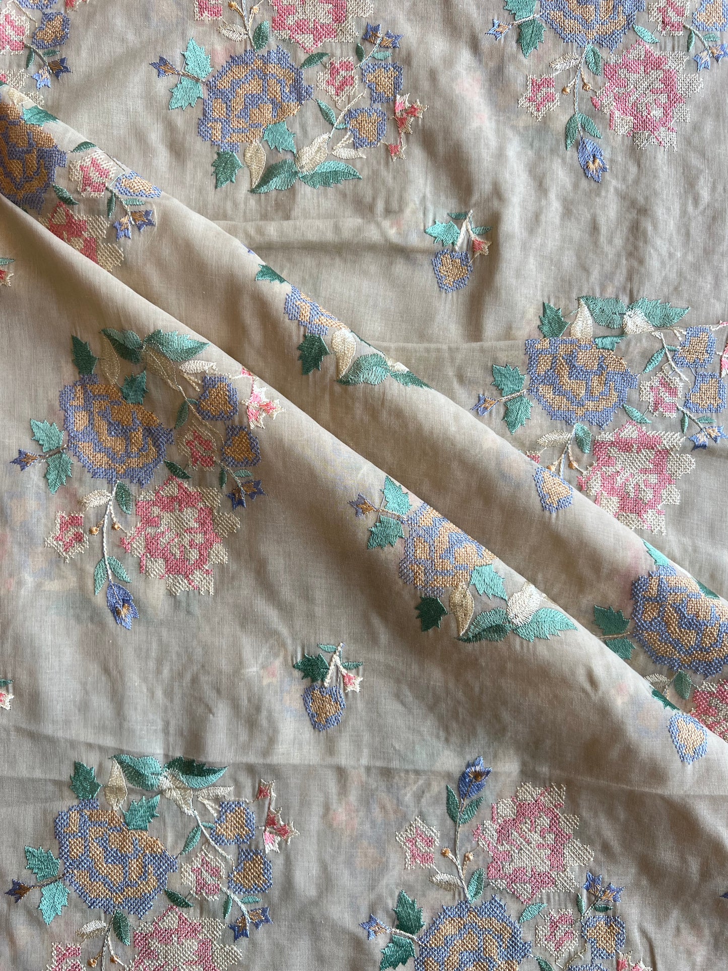 Skin Colour Cross Stitch Floral Embroidered Cotton Voile Fabric