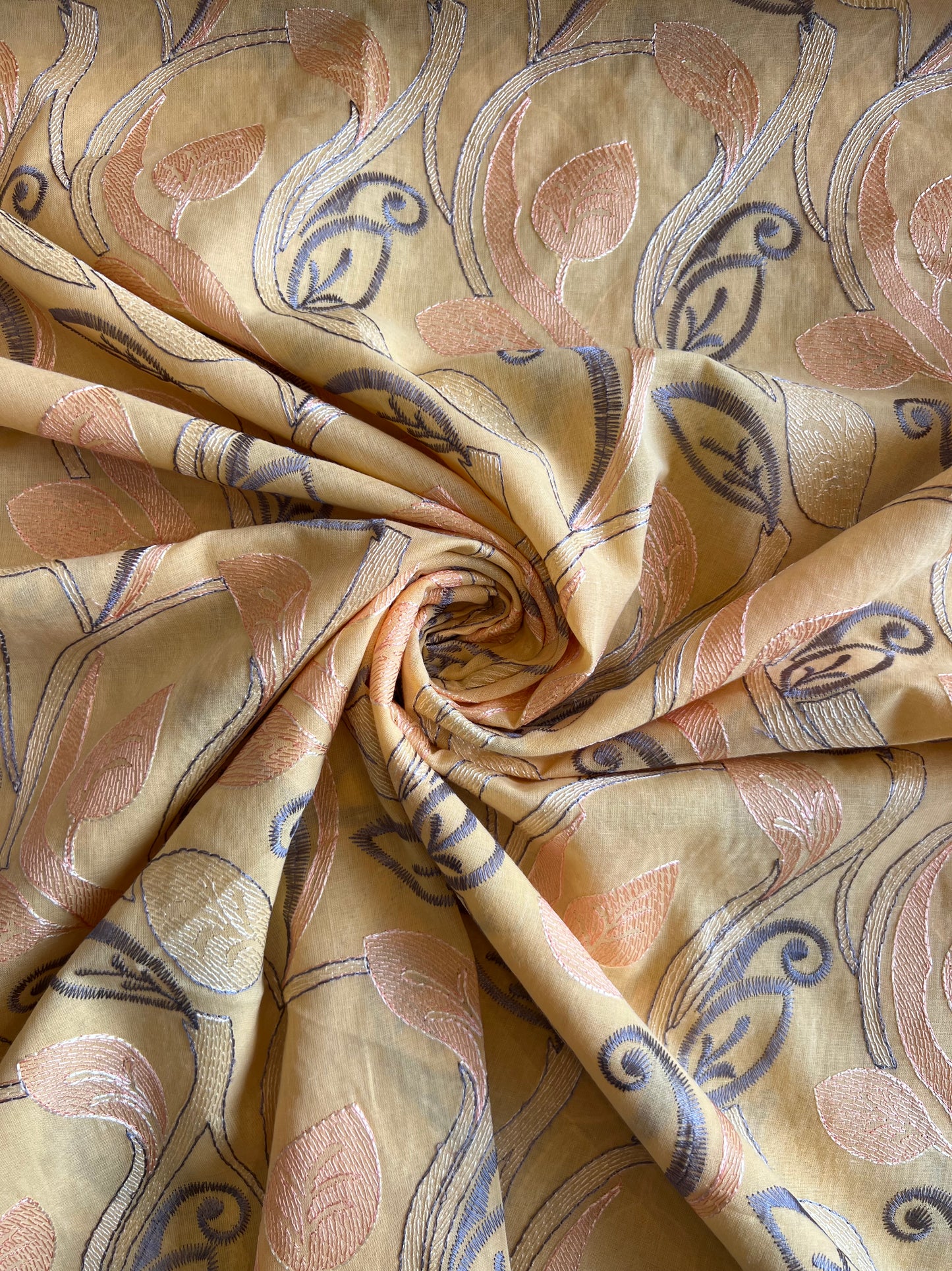 Yellow Cotton Voile Leaf Embroidered Fabric
