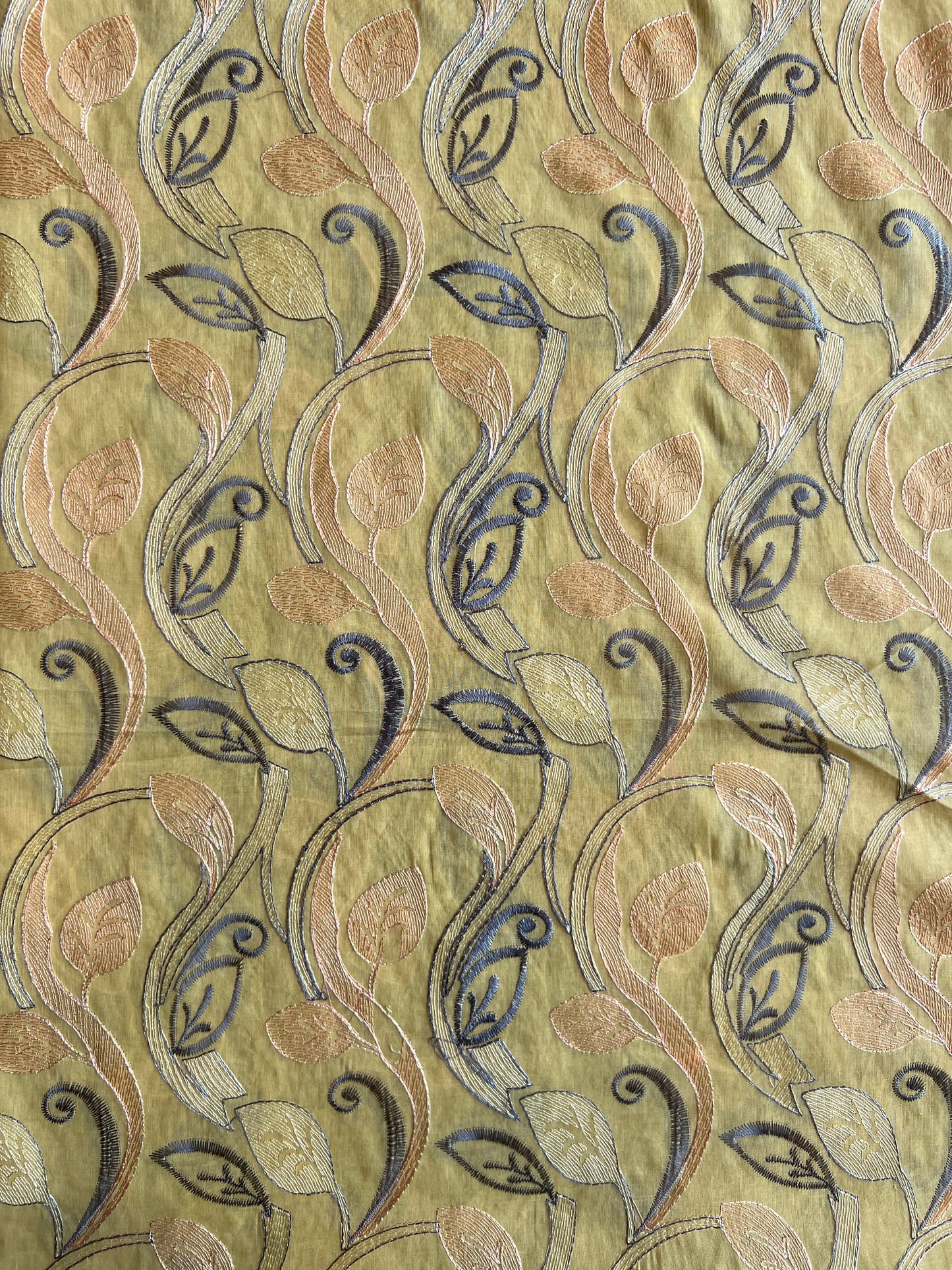 Yellow Cotton Voile Leaf Embroidered Fabric