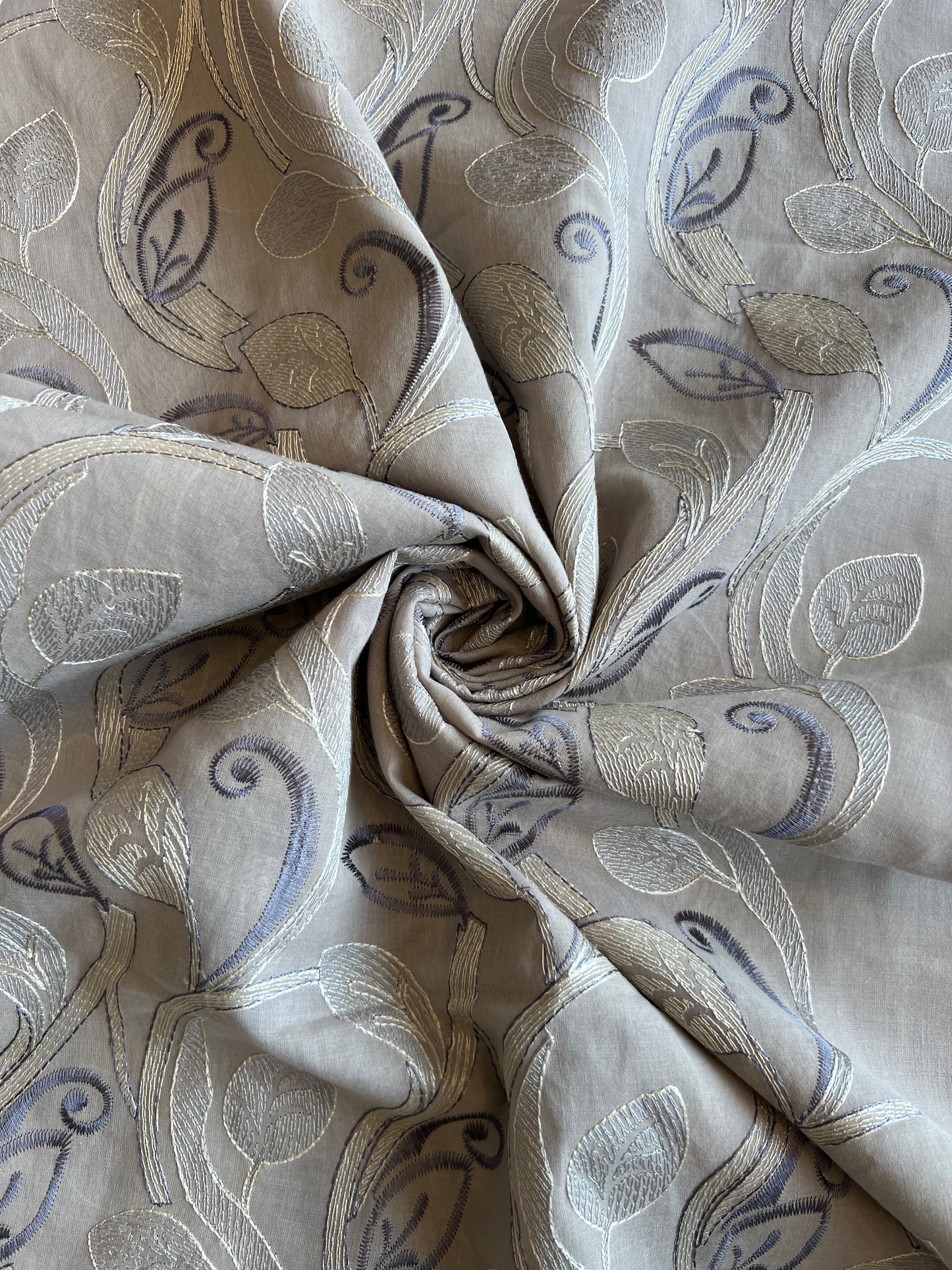 Grey Cotton Voile Leaf Embroidered Fabric