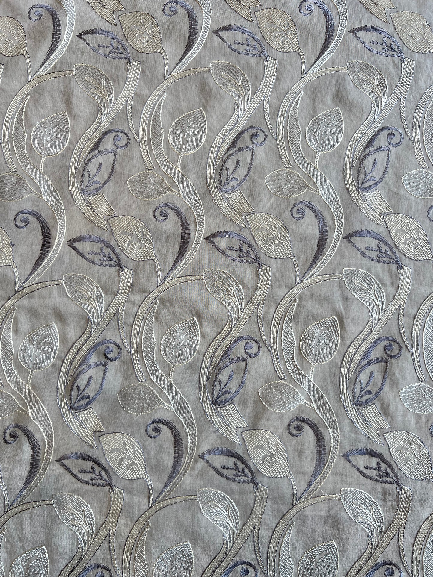 Grey Cotton Voile Leaf Embroidered Fabric