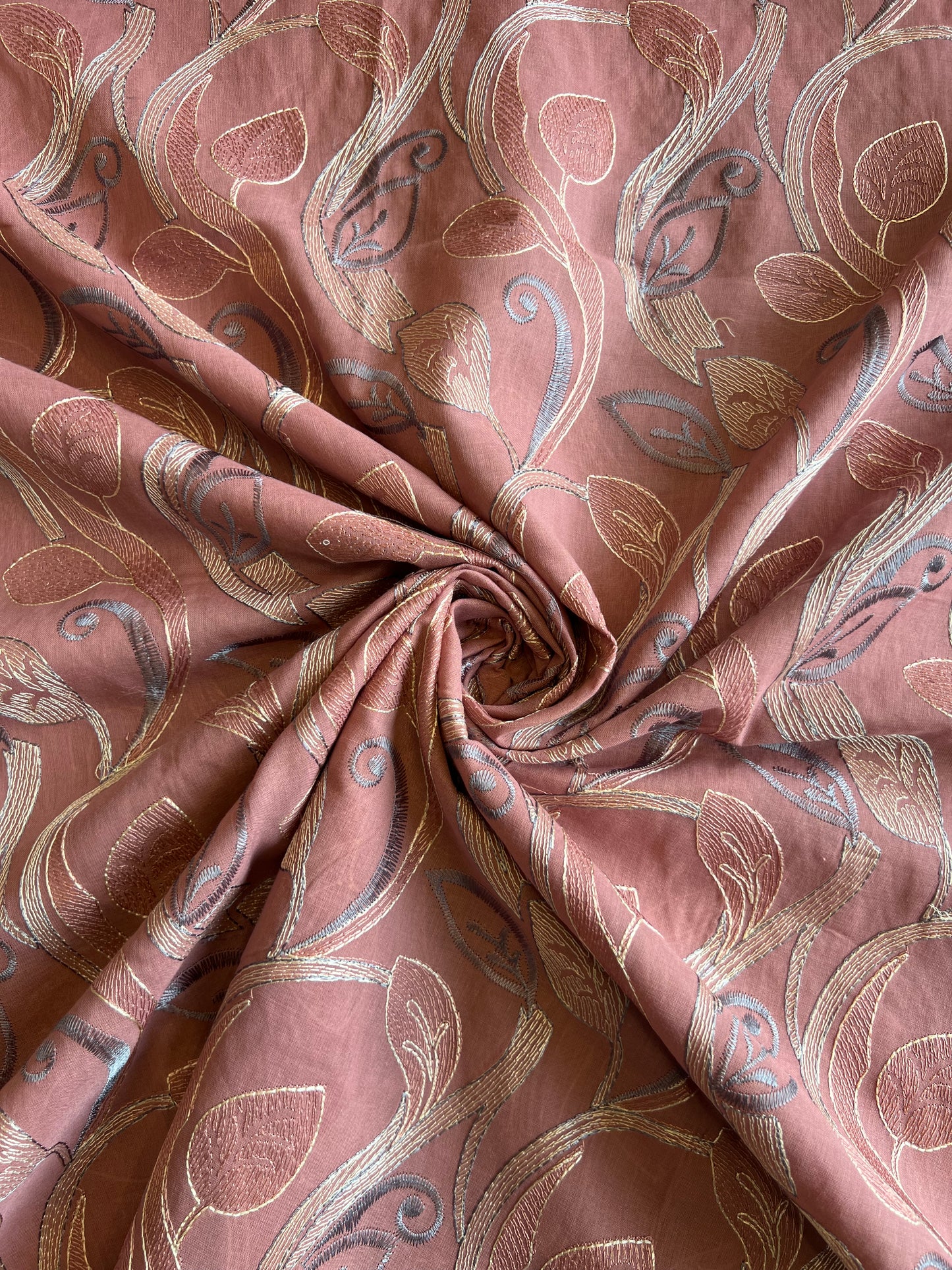 Wine Cotton Voile Leaf Embroidered Fabric