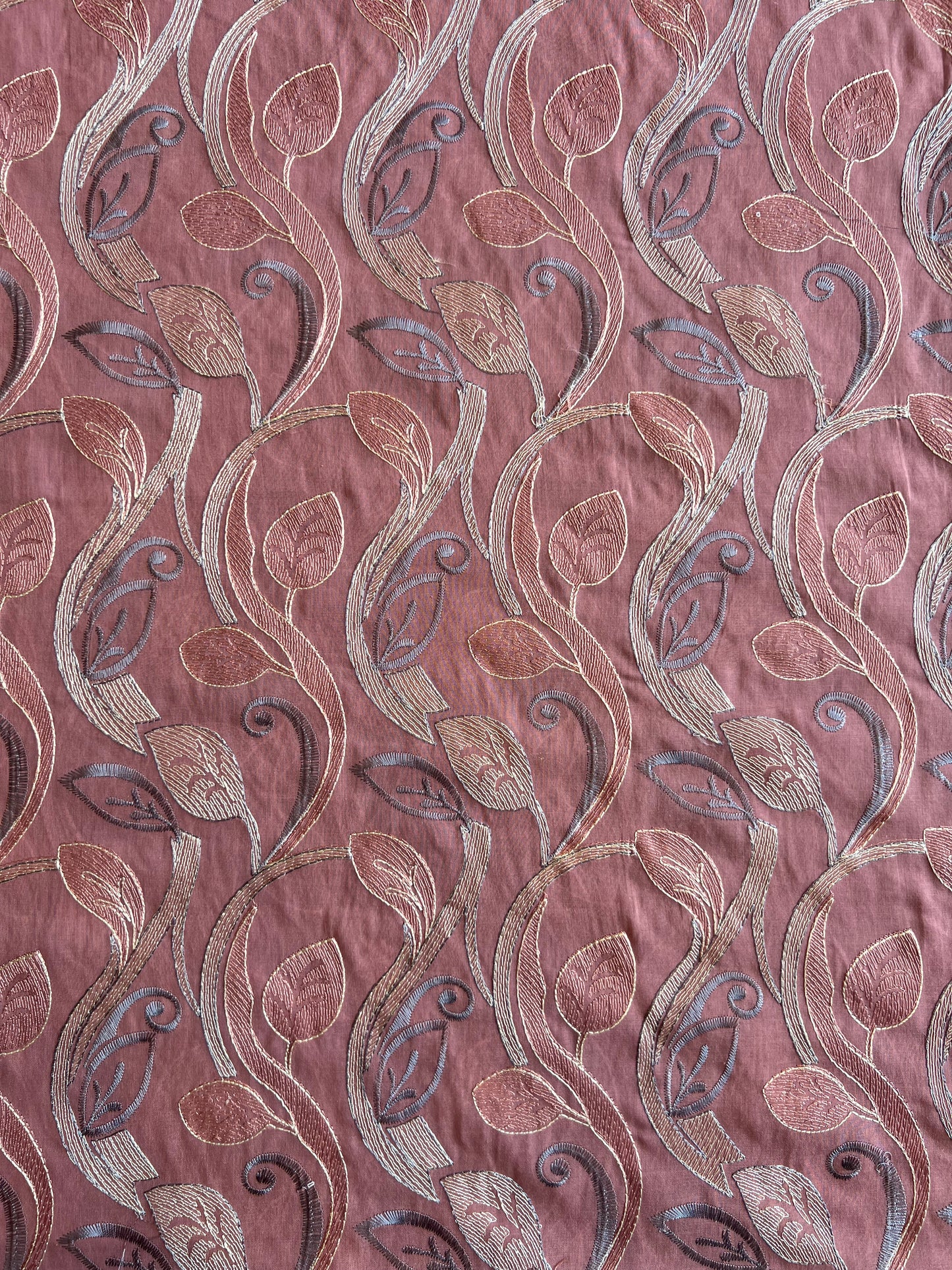 Wine Cotton Voile Leaf Embroidered Fabric