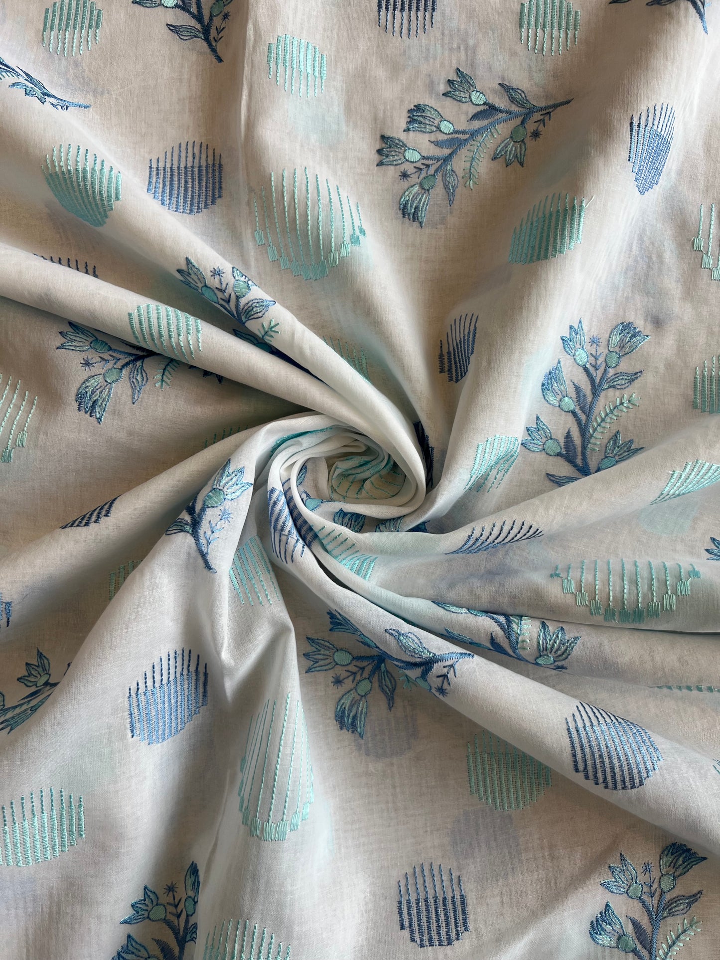 Blue Floral Embroidered Cotton Voile Fabric