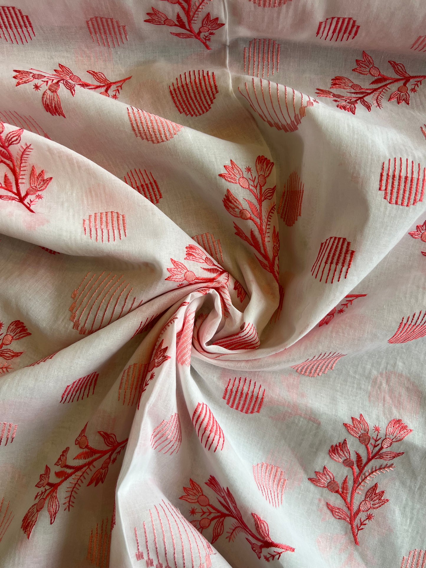 Peach Floral Embroidered Cotton Voile Fabric