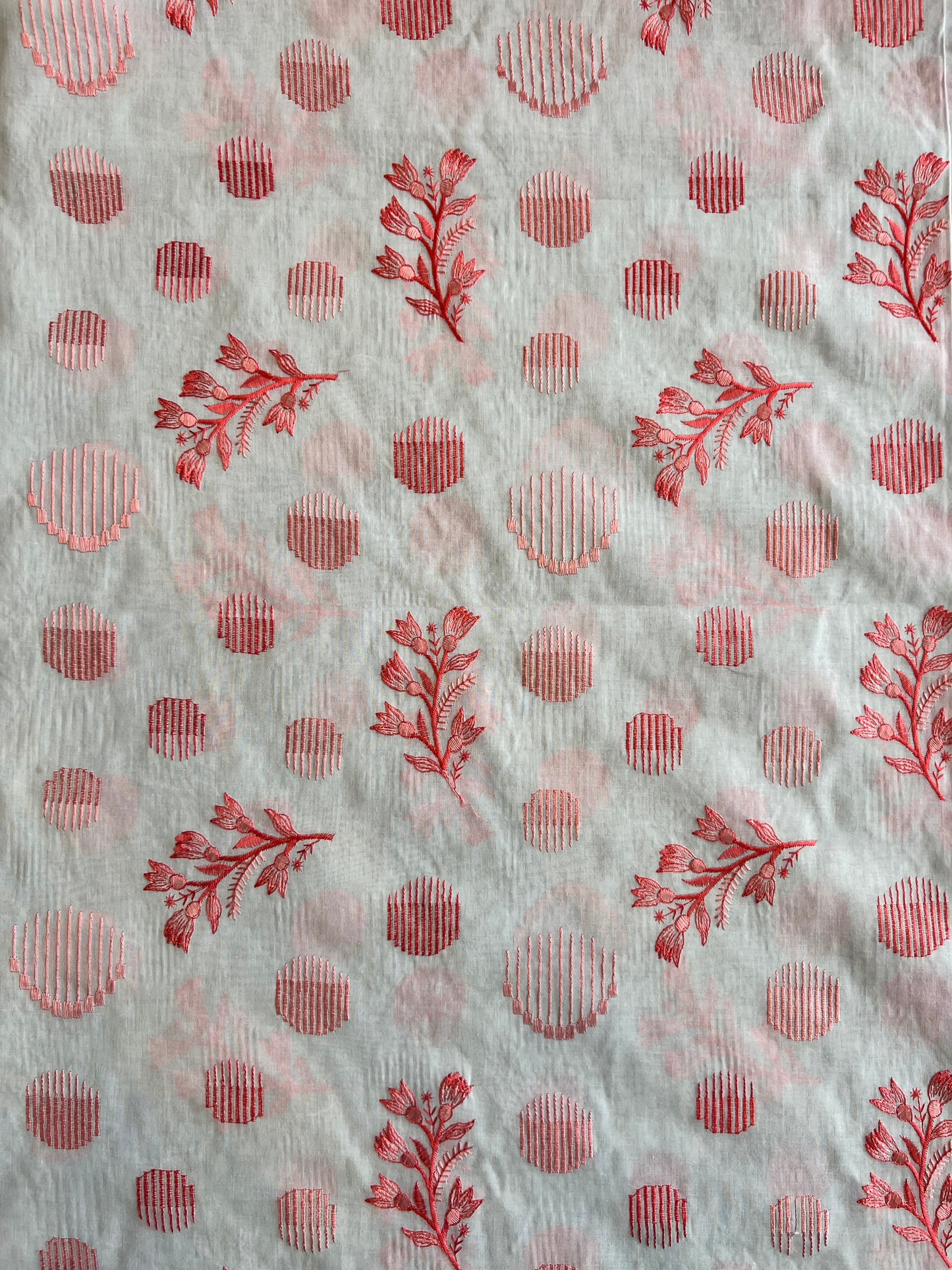 Peach Floral Embroidered Cotton Voile Fabric